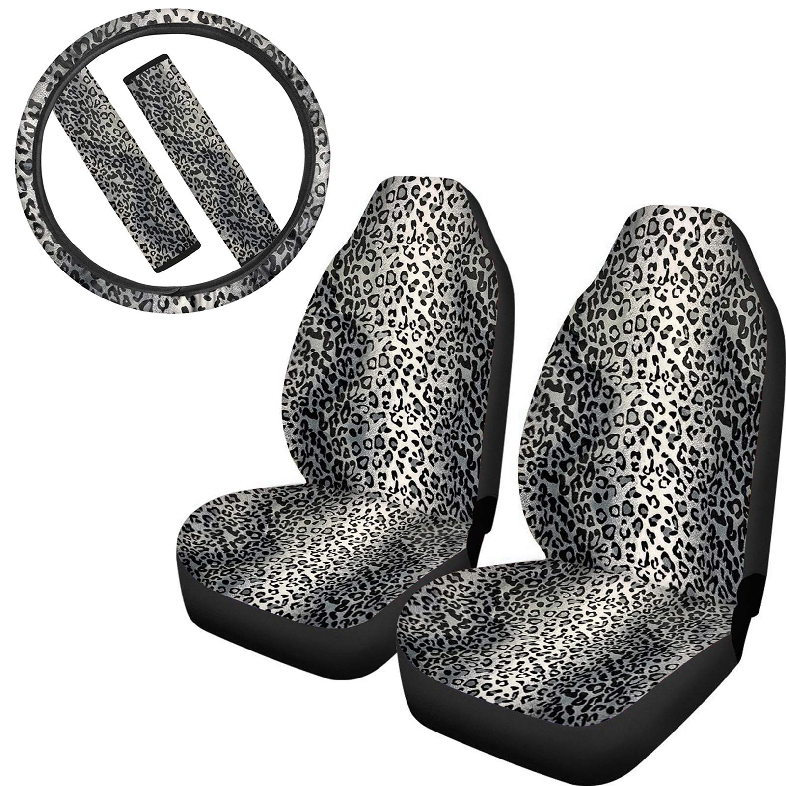 FKELYI Gray Leopard Print Car Seat Covers Set - 5PCS Animal Cheetah Pattern Front Seat Protectors with Elastic Steering Wheel Cover & Seat Belt Pads | Universal Fit for Cars, SUVs & Trucks | Durable & Stylish Interior Upgrade