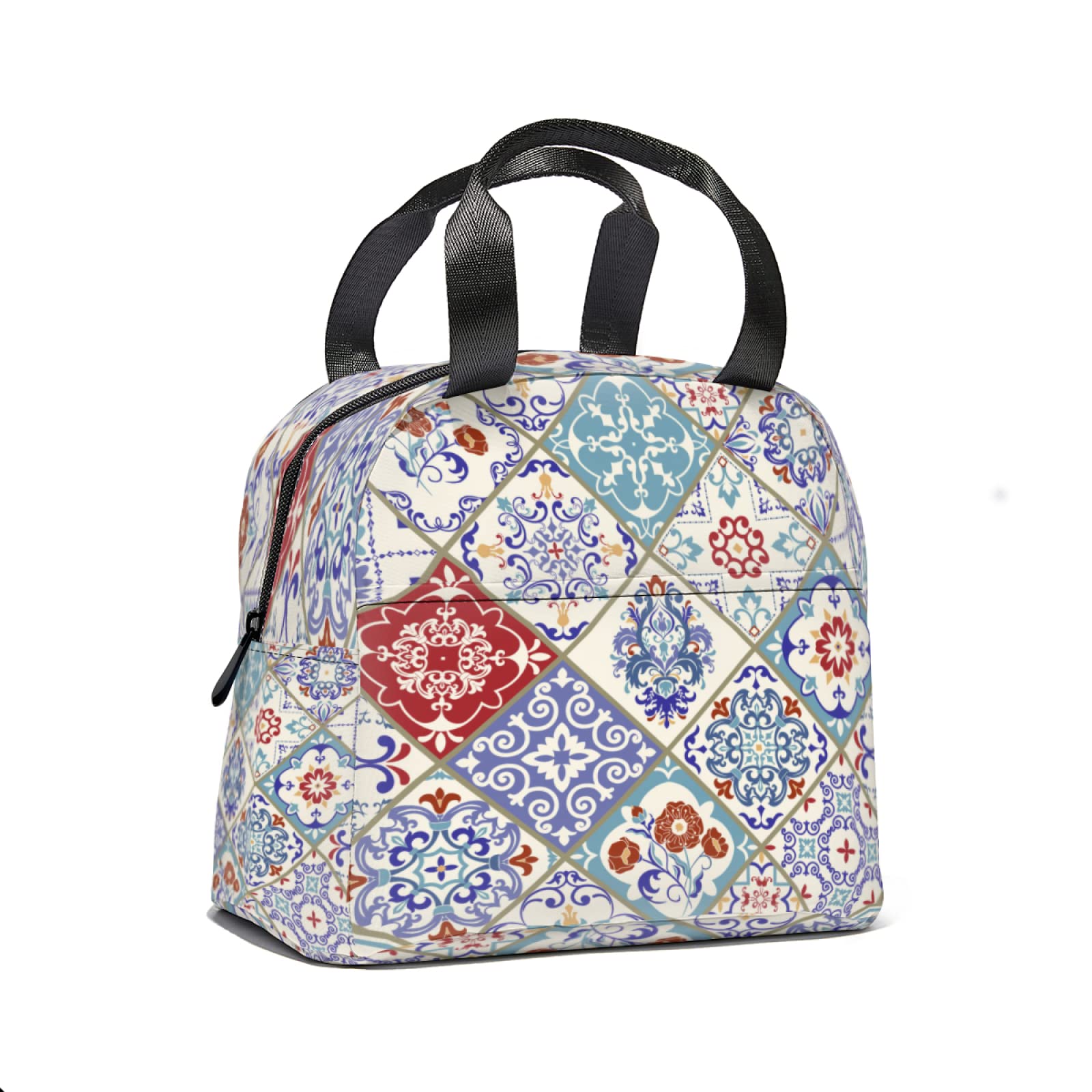 Turkish Style Retro Pattern Lunch Tote Bag - Insulated Reusable Lunch Box with Front Pocket for Women & Men - Perfect for School, Work, Picnic & Outdoor Activities