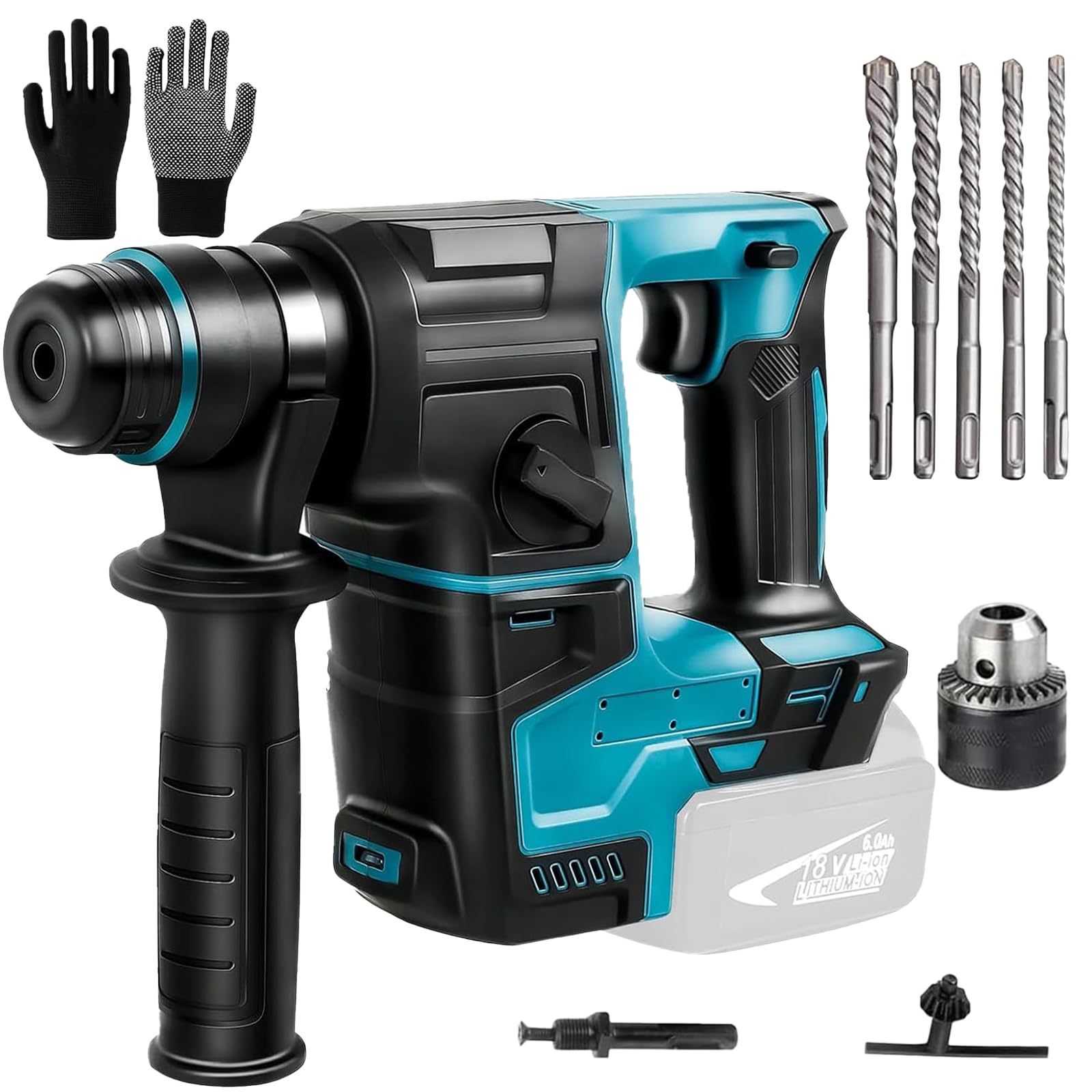 Cordless Rotary Hammer Drill - Brushless SDS Hammer Drill Set with 5 Drill Bits, 1400 RPM, 4200 BPM, Safety Clutch | Perfect for Concrete Drilling, Masonry Work & Demolition (Battery Not Included)