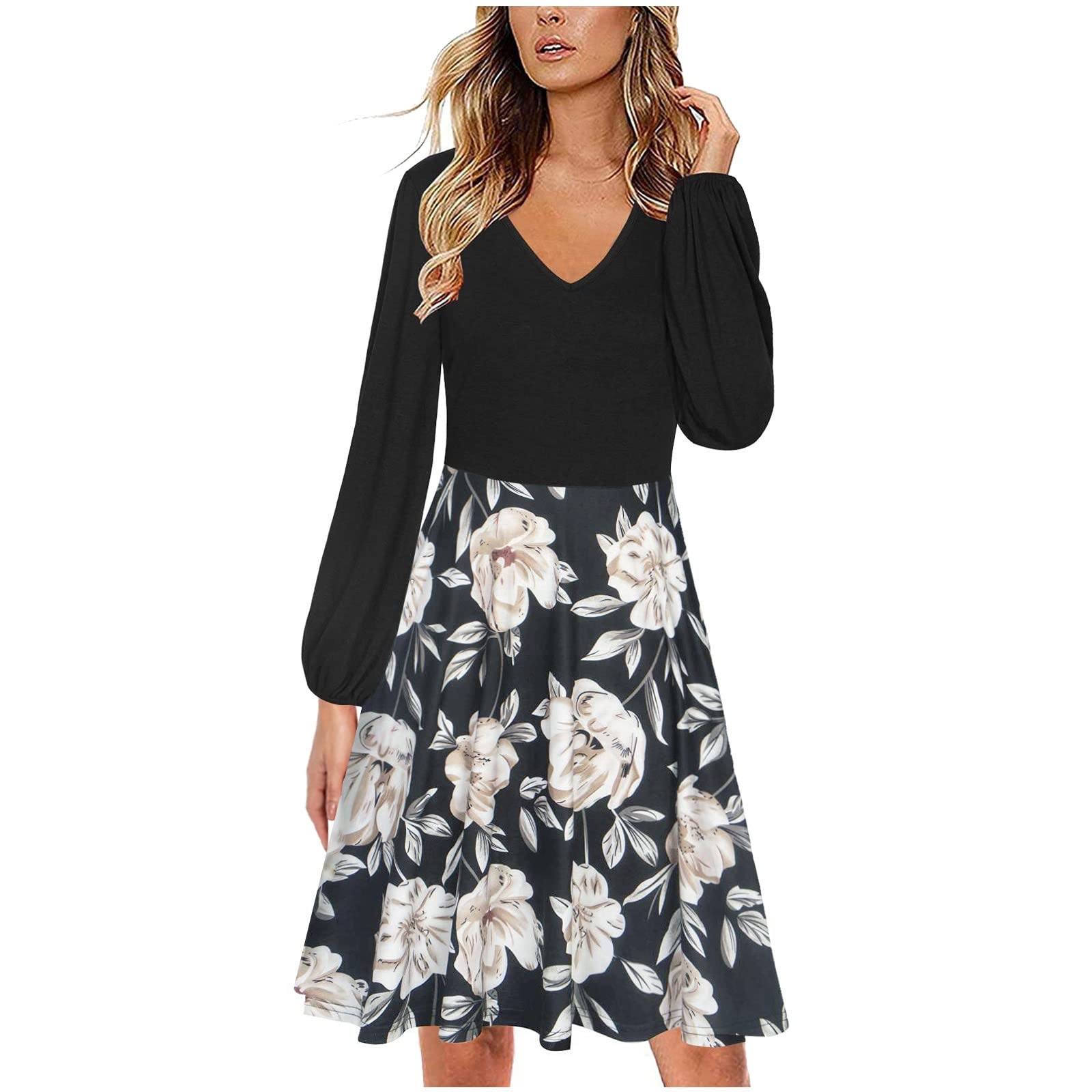 Elegant Floral Print V-Neck A-Line Wedding Guest Dress for Women - Long Sleeve Sexy Skirt for Bridal Shower, Cocktail Party & Formal Occasions