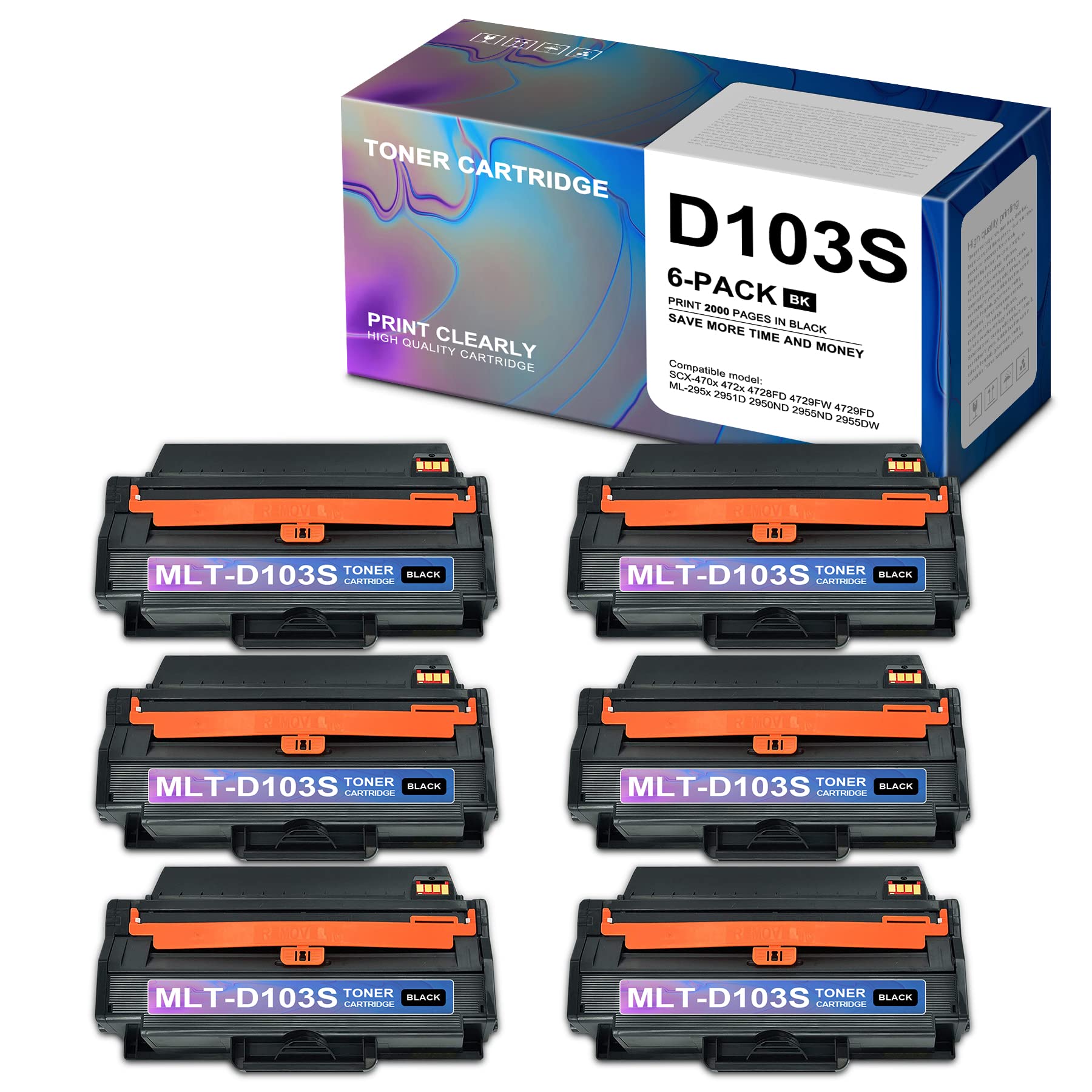6-Pack Black MLT-D103S Toner Cartridge for Samsung Printers - Home & Office Use
