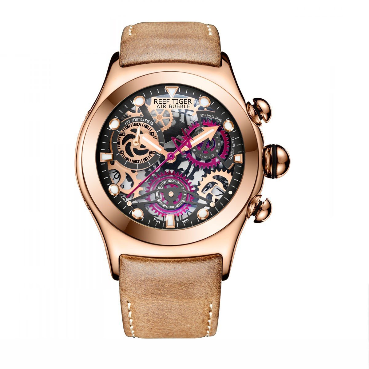 Reef Tiger Men's Rose Gold Luminous Chronograph Watch with Skeleton Dial & Date Display - RGA792 - Perfect for Sports, Outdoor Activities & Formal Occasions