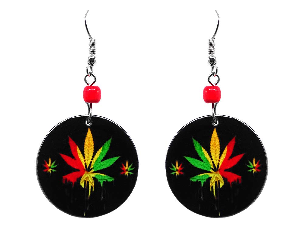 Handmade Rasta Dripping Cannabis Leaf Dangle Earrings - Women's Bohemian Hemp Jewelry for Stoner Fashion & Festival Accessories | Perfect for 420 Celebrations, Music Festivals & Hippie Style Outfits
