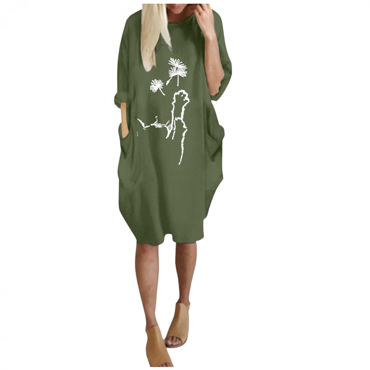 UIKMNH Women's Long Sleeve Crewneck Cat Print Midi Dress - Knee Length Straight Work Dress for Spring & Fall - Perfect for Office, Dating & Casual Outings