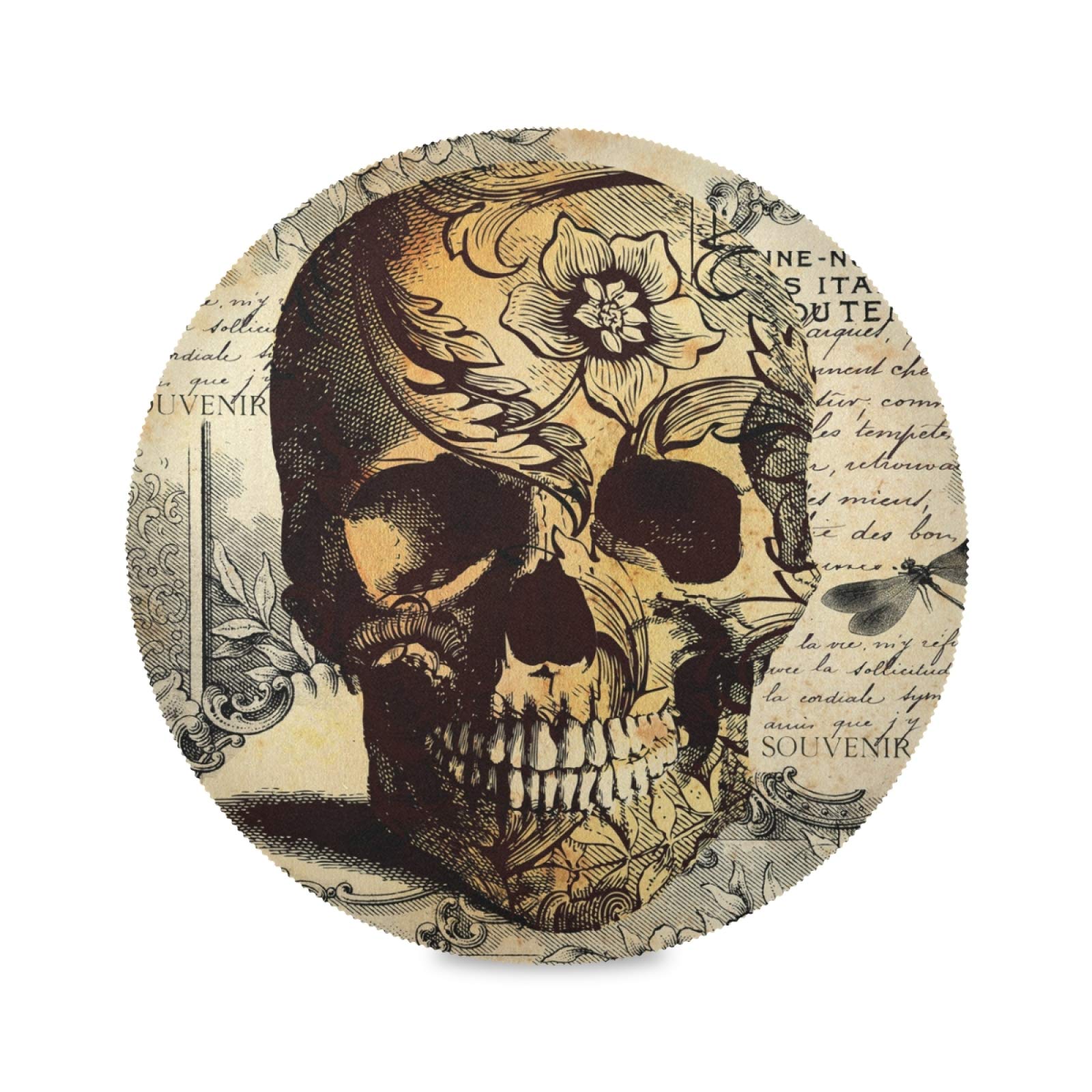 Retro Flower Skull Round Placemat Set of 4 - Heat Resistant Dining Table Mats for Kitchen, Party & Home Decor - Washable & Durable for Everyday Use - Perfect for Dinner Parties, Family Gatherings & Daily Meals