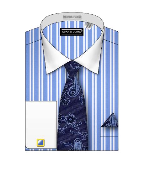 AVANTI UOMO Men's Slim Fit Double Striped Dress Shirt with White Collar - DS3823P2 Light Blue | Business Casual & Office Wear