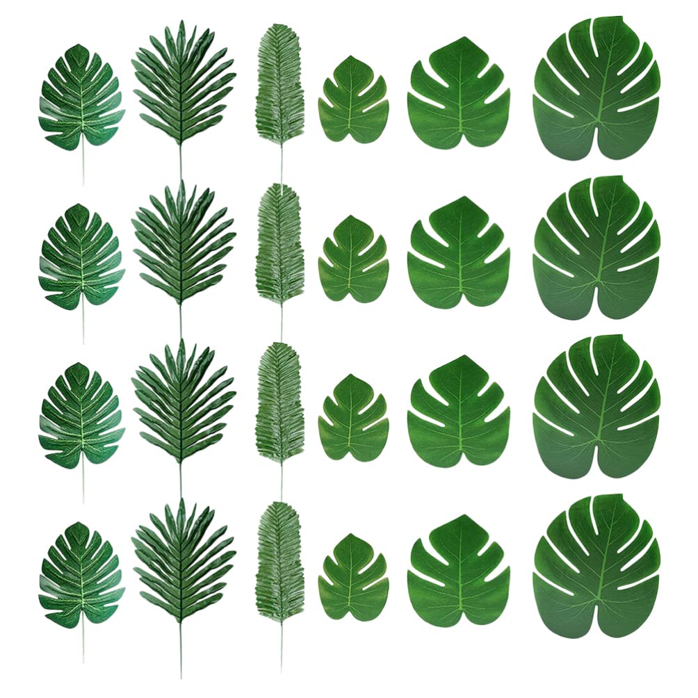 60PCS Tropical Palm Leaves Decor - Artificial Jungle Foliage for Luau Party, Hawaiian Beach Theme, Jungle & Tropical Party Supplies - Perfect for Backyard Decor, Wedding, Baby Shower, and Home Decoration