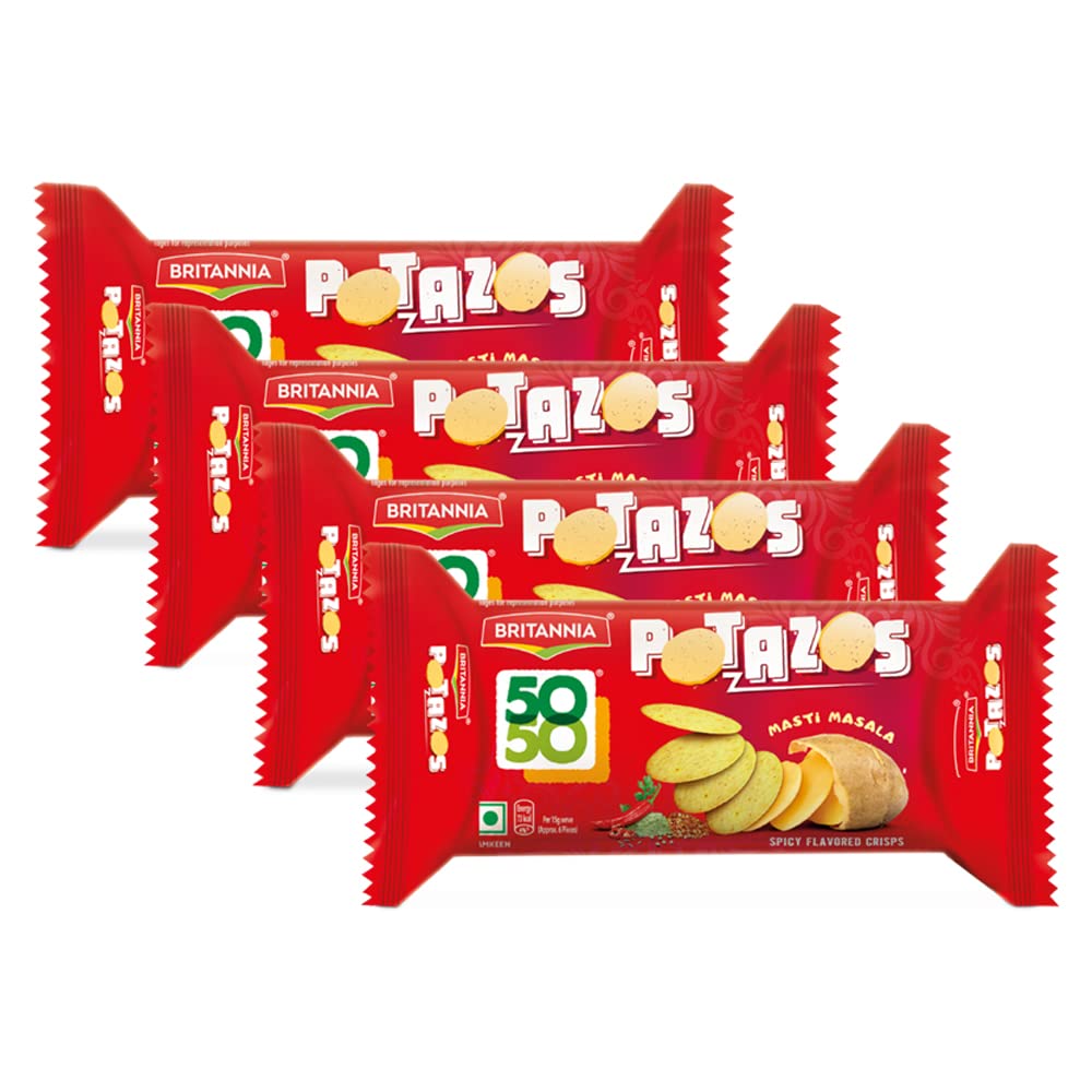 Britannia 50 50 Potazos Masti Masala Spicy Flavored Crisps 3.52oz (100g) - Crunchy Indian Snacks for Parties, Movie Nights & Office Breaks (Pack of 4)