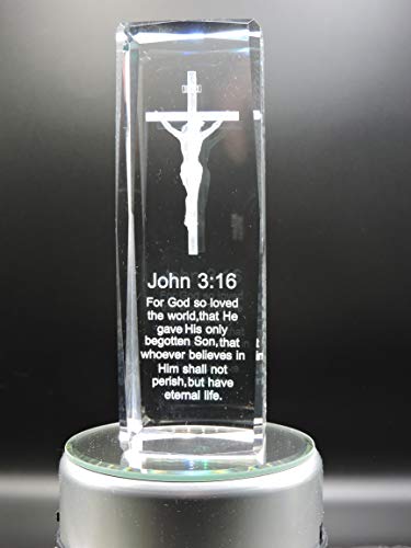 3D Glass Laser Cube with Jesus on the Cross - John 3:16 Bible Verse - Religious Home Decor & Christian Gift for Christmas, Baptism, Church Events
