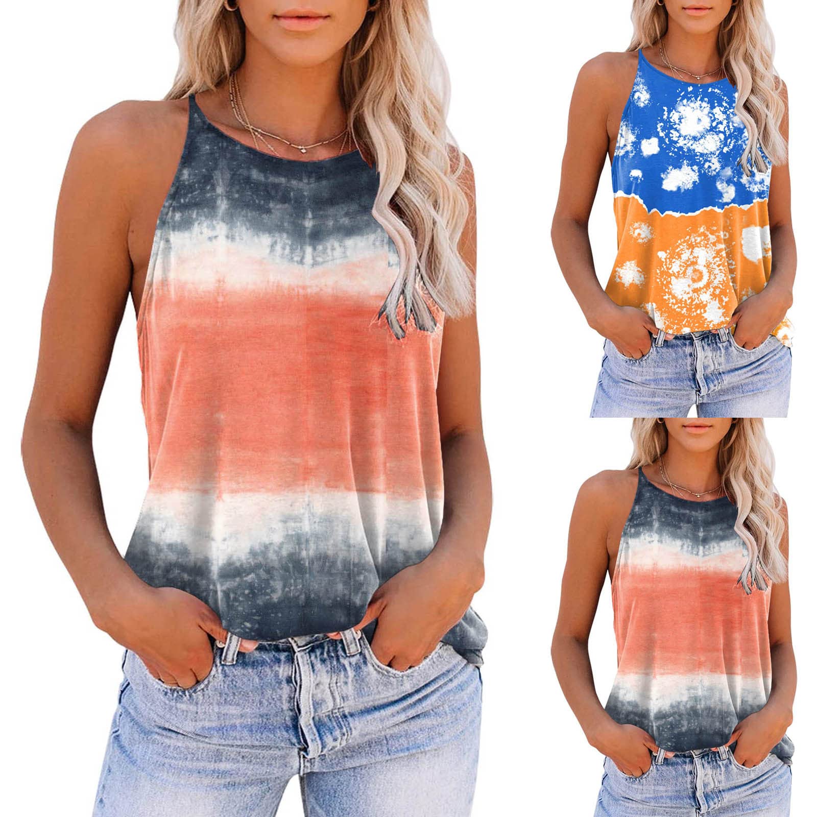 Women's Sleeveless O-Neck Workout Top - Tie Dye Printed Athletic Shirt for Running, Gym & Casual Wear | Moisture-Wicking Fitness Tee for Yoga, Jogging & Summer Activities