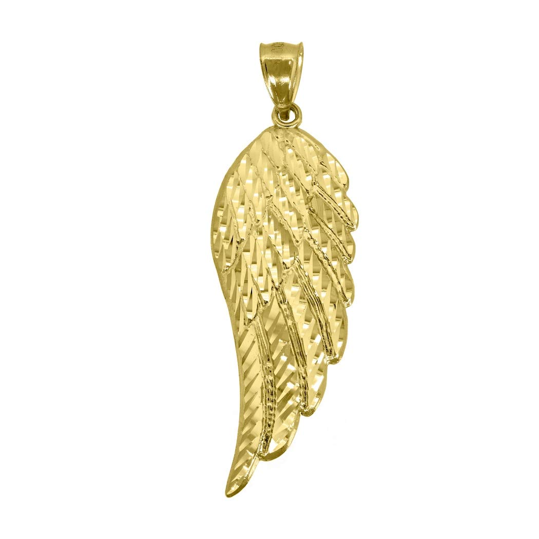 10K Yellow Gold Guardian Angel Wing Pendant Necklace for Men & Women - Sparkle Cut Religious Jewelry Gift (43.3x13.9mm) - Perfect for Baptism, Confirmation, Christmas & Spiritual Protection