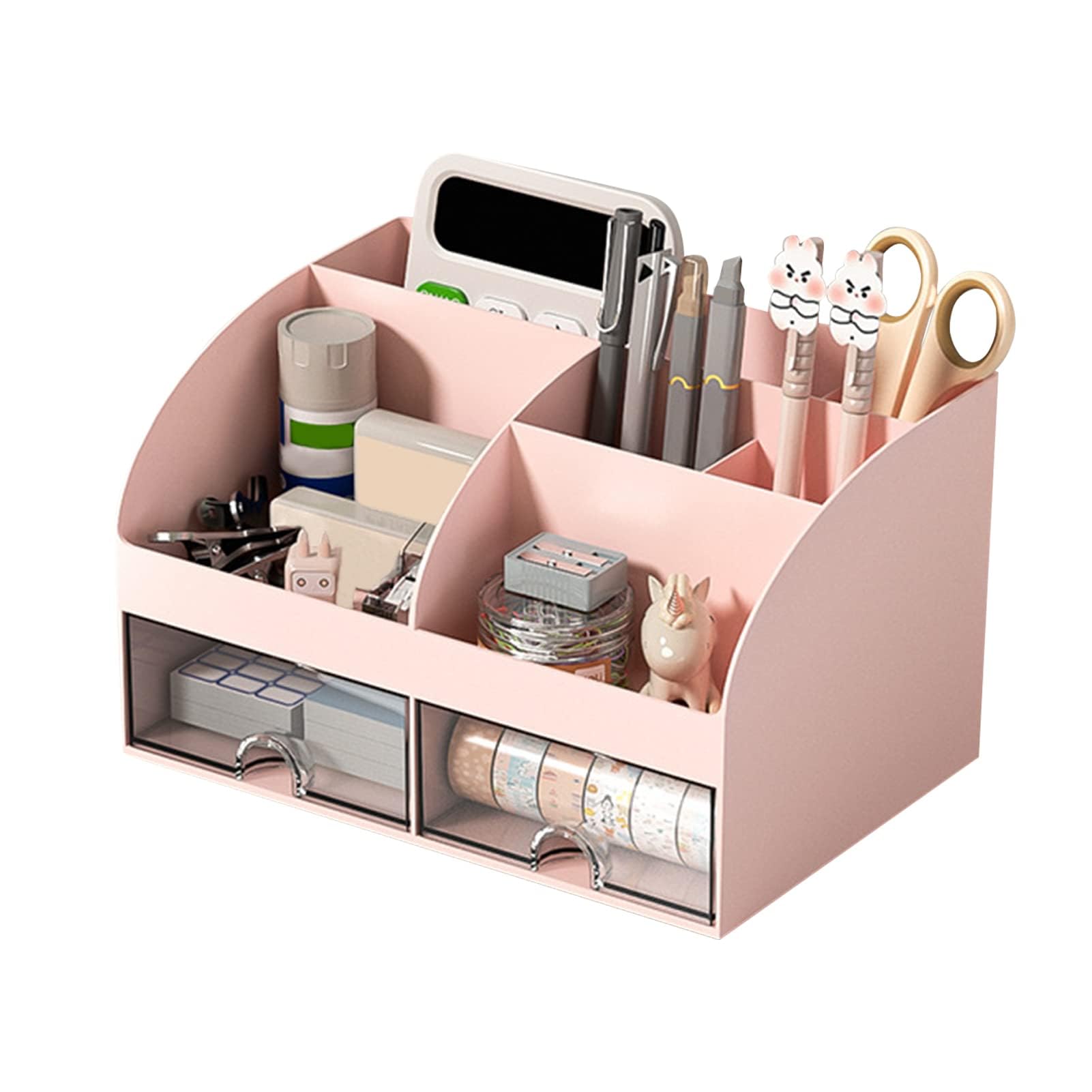 6-Compartment Office Desk Organizer with 2 Transparent Drawers - Pen Pencil Holder, Business Card & Cellphone Storage - Aesthetic Desk Decor for Kids & Professionals - Perfect for Home Office, School & Workspace Organization