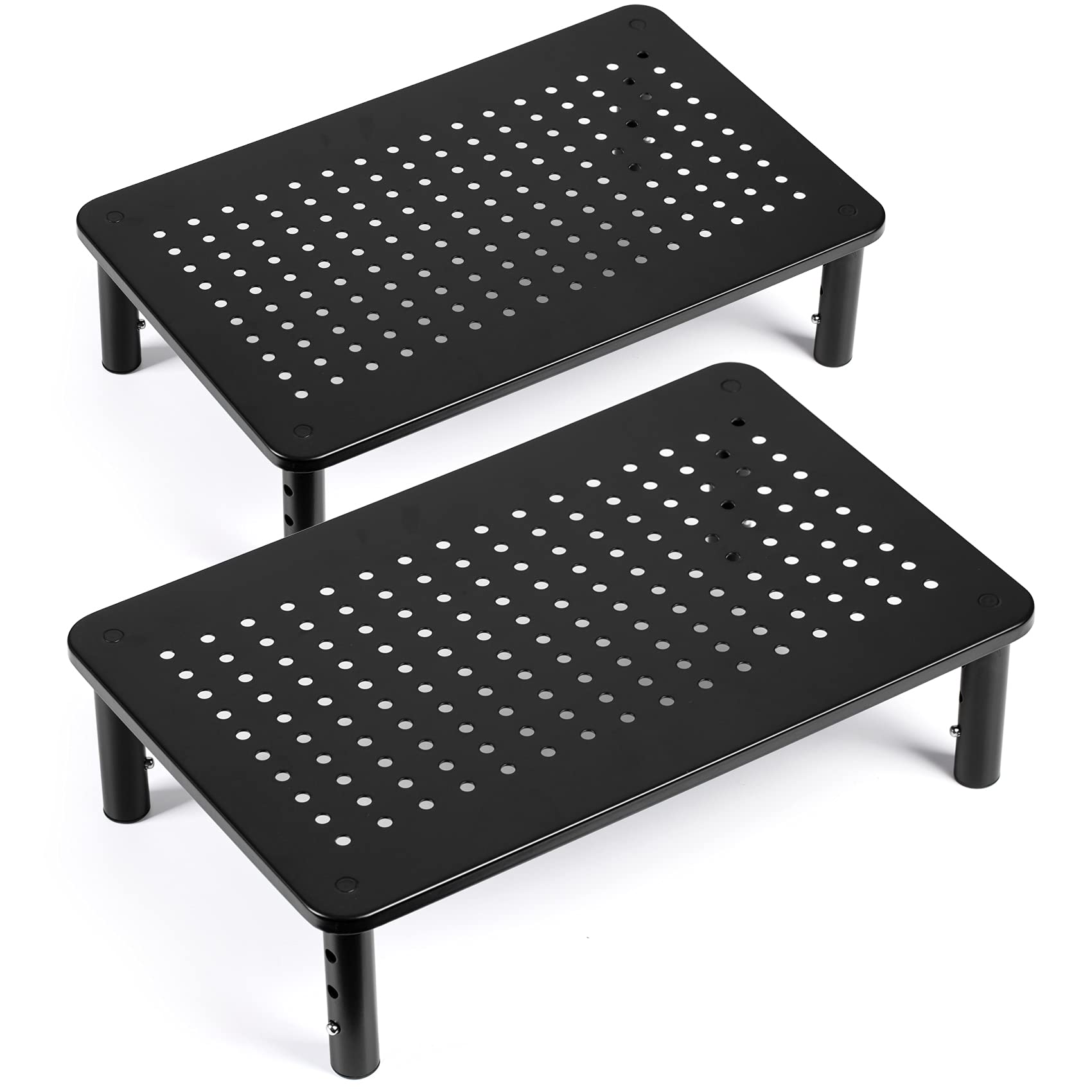 Adjustable TV/Monitor Riser Stand - Sturdy Metal Desktop Shelf for Computer, Laptop, Printer & iMac - 3 Height Settings with Mesh Platform - Space Saving Office Organizer (2 Pack) - Perfect for Home Office, Gaming Setup & Workspace Organization