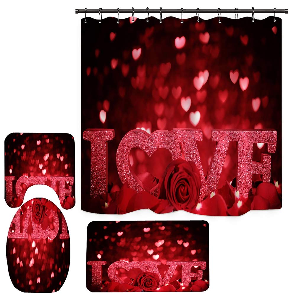 Topyuan 4PCS Romantic Valentine's Day Shower Curtain Set - 3D Digital Printing Bathroom Decor with Non-Slip Rug & Mat for Home, Hotel, Party | Perfect for Couples Gift, Anniversary & Wedding Decorations