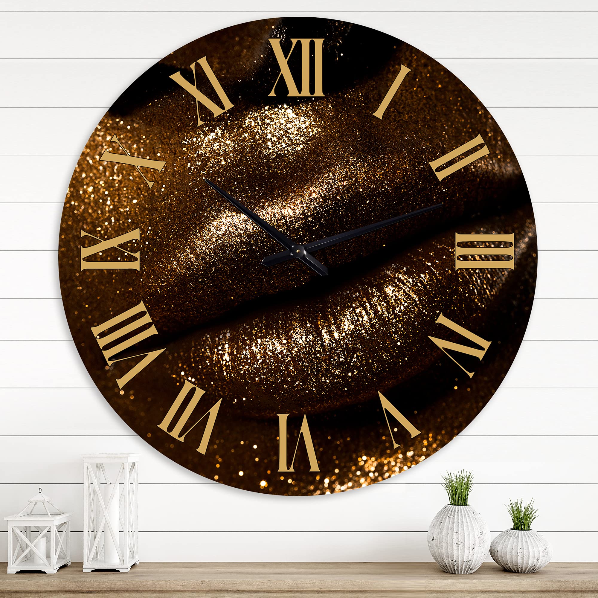 DesignQ Modern Wall Clock - Large Glitter & Spangle Woman Lips Art Clock for Living Room, Bedroom, Office Decor | Unique Home Wall Decor Gift Idea