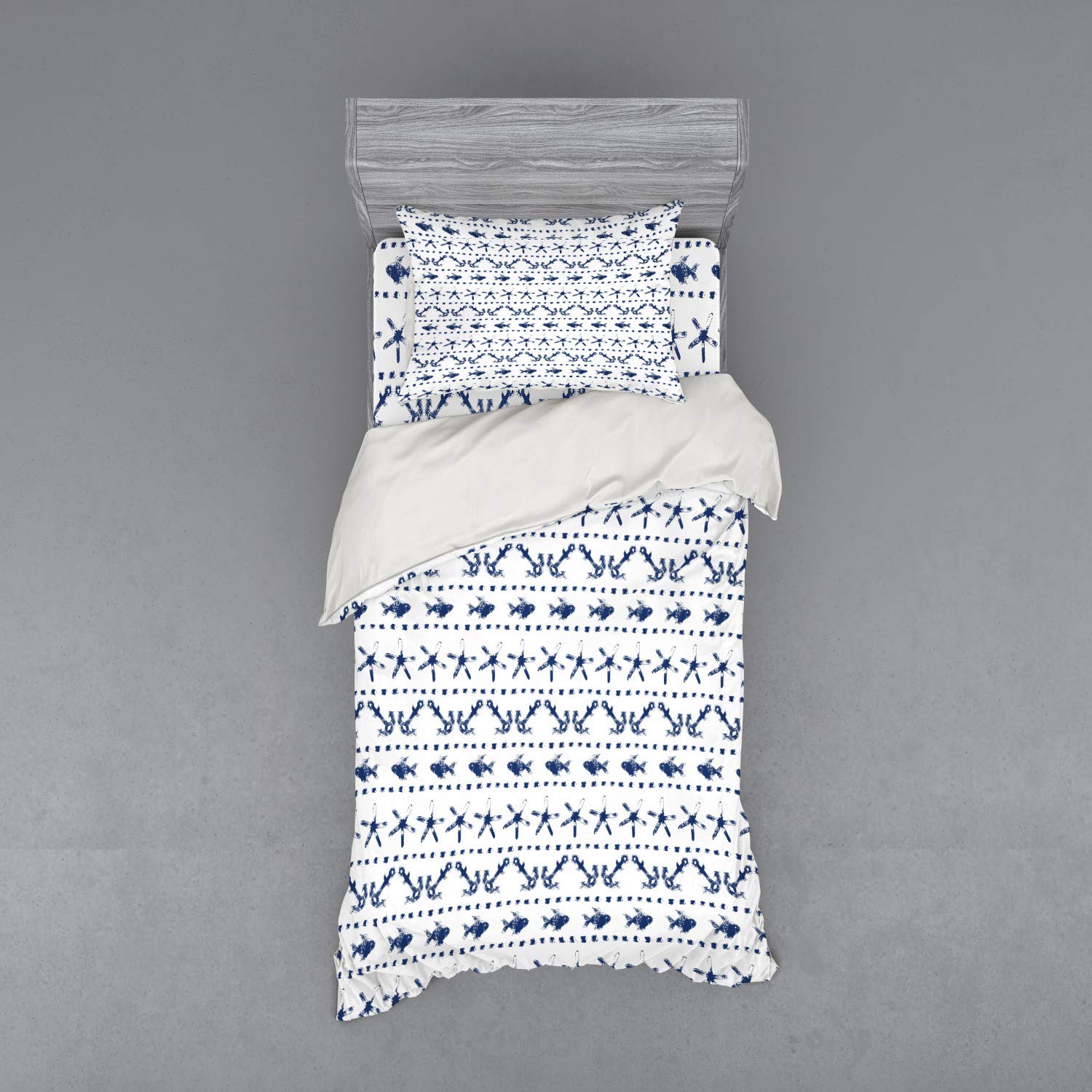 Ambesonne Navy Blue Nautical Bedding Set - 3 Piece Duvet Cover with Sham & Fitted Sheet, Twin Size, Yacht Theme with Fish, Starfish & Anchor Print - Perfect for Coastal, Beach House or Marine Themed Bedrooms