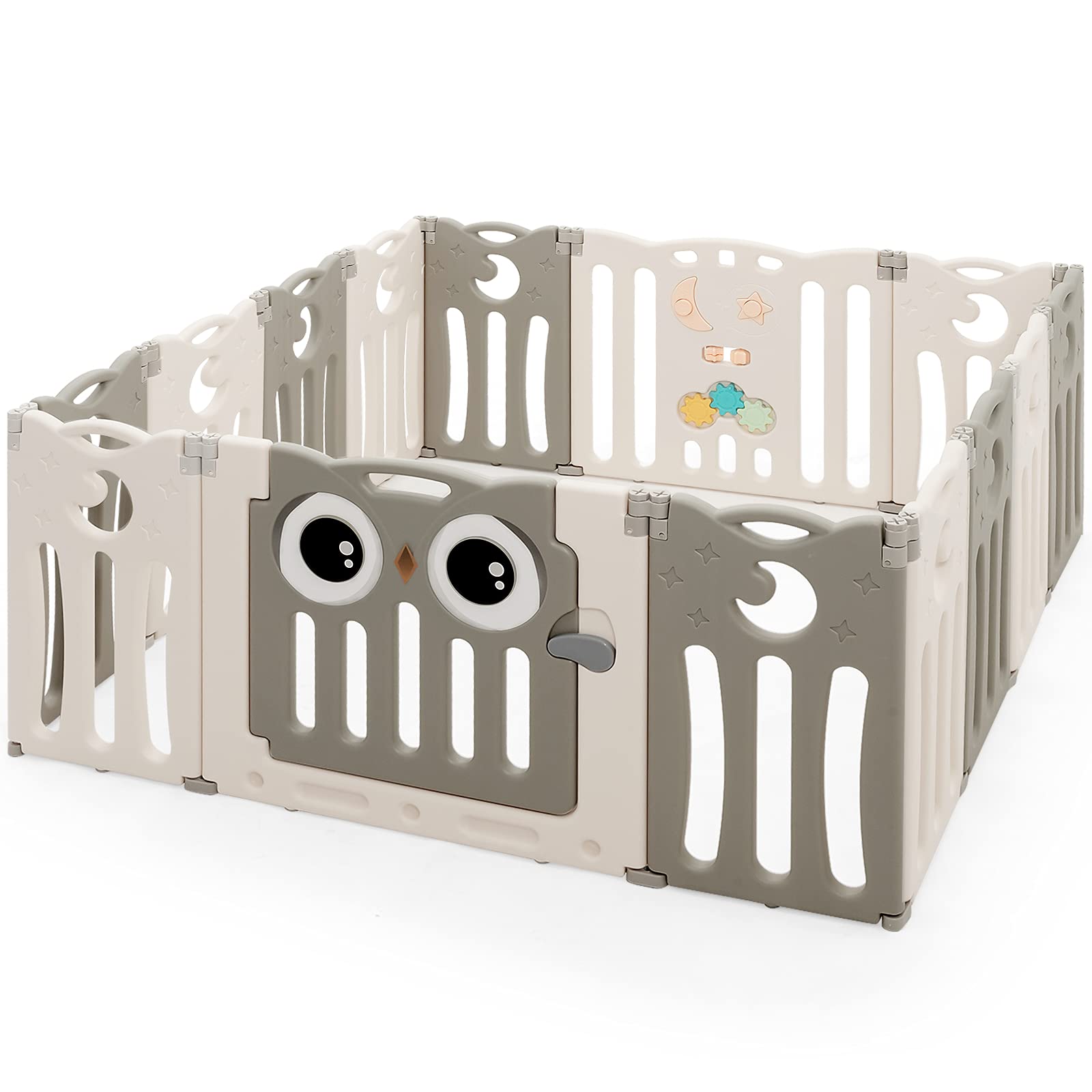 HONEY JOY Baby Playpen - 14 Panel Owl Design Play Yard with Anti-Slip Base & Lockable Door | Indoor Portable Safety Fence for Toddlers & Infants | Perfect for Playrooms, Living Rooms & Daycare Centers (Beige)