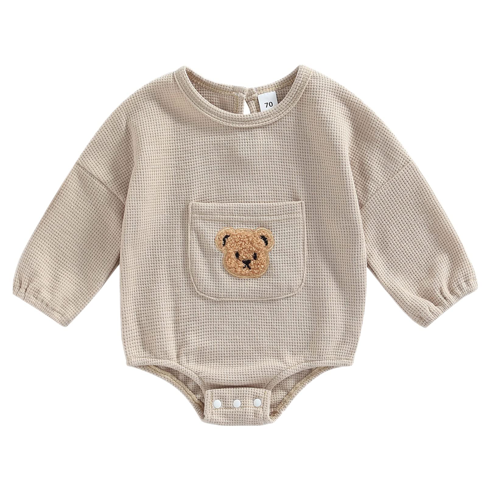 Adorable Cartoon Bear Romper for Baby Boys & Girls - Soft Waffle Cotton Long Sleeve Bodysuit with Hood - Cozy Fall & Winter Outfit - Perfect for Playtime, Family Photos and Holiday Gatherings