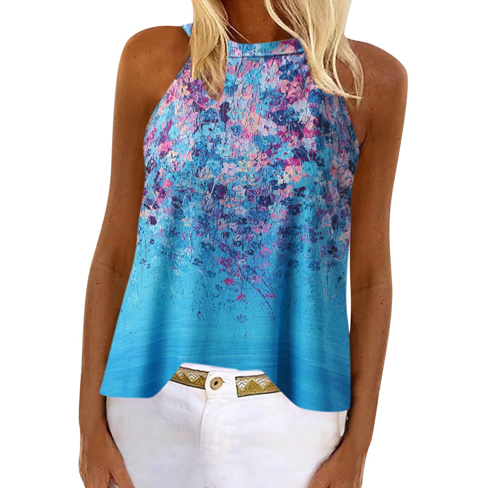 Women's Summer Sleeveless Floral Print Cold Shoulder Tank Top - Casual Crew Neck Vest for Women | Perfect for Beach Outings, Music Festivals & Summer Vacations