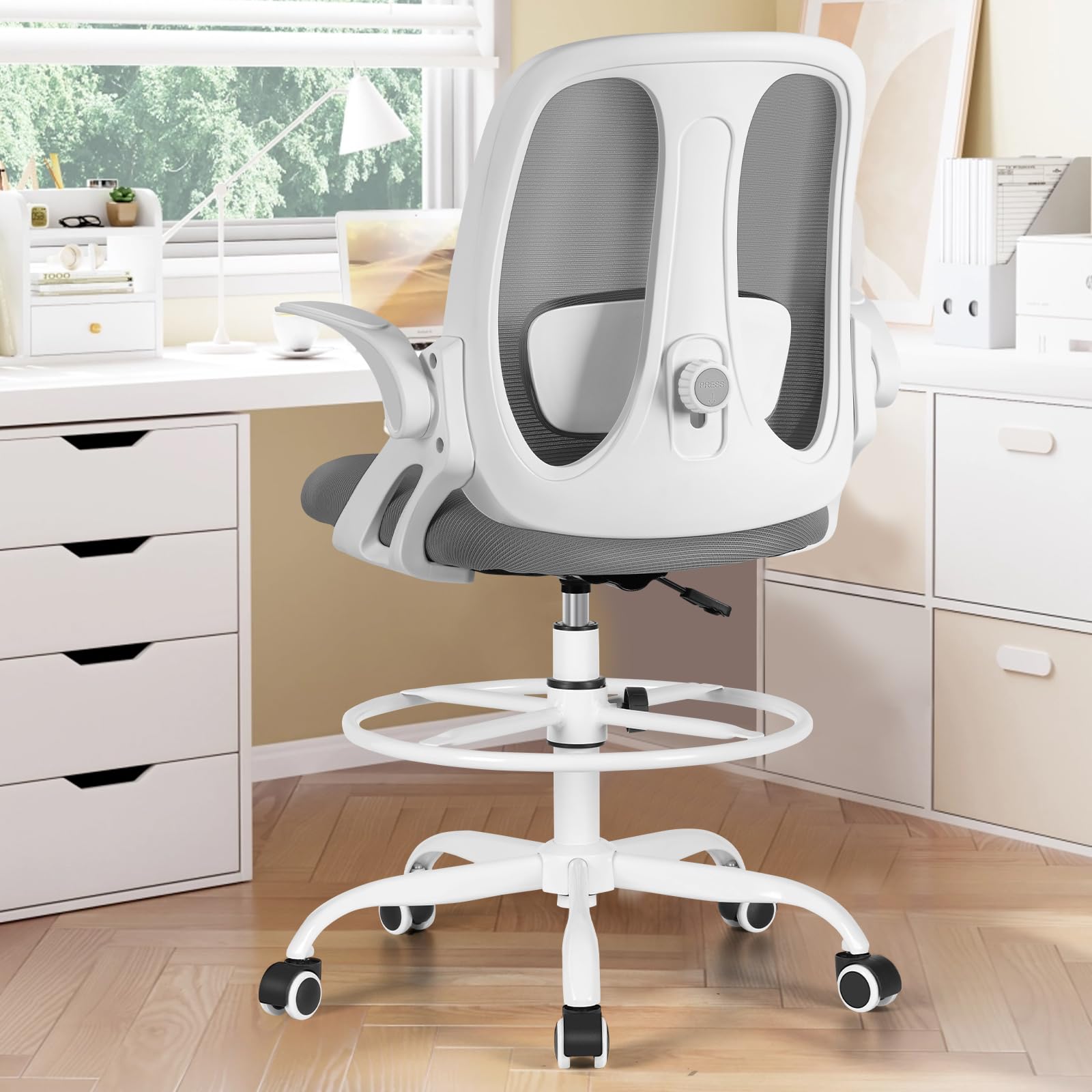 Ergonomic Drafting Chair with Adjustable Lumbar Support & Flip-Up Armrests - Tall Office Stool with Footrest Ring for Architects, Designers & Home Office - Light Gray Executive Computer Chair for Standing Desks & Workstations