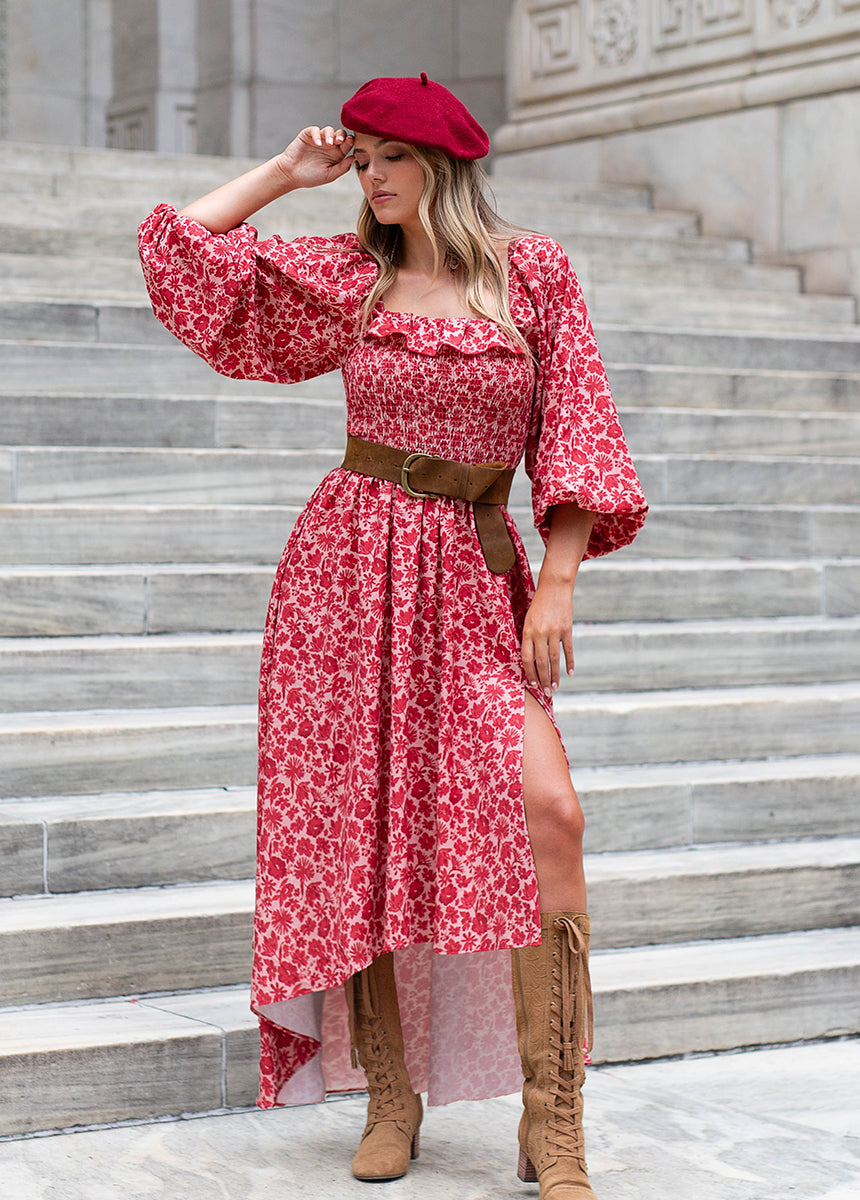 Odette Floral Print Dress in Red - Elegant Summer Dress for Women, Perfect for Weddings, Parties & Date Nights