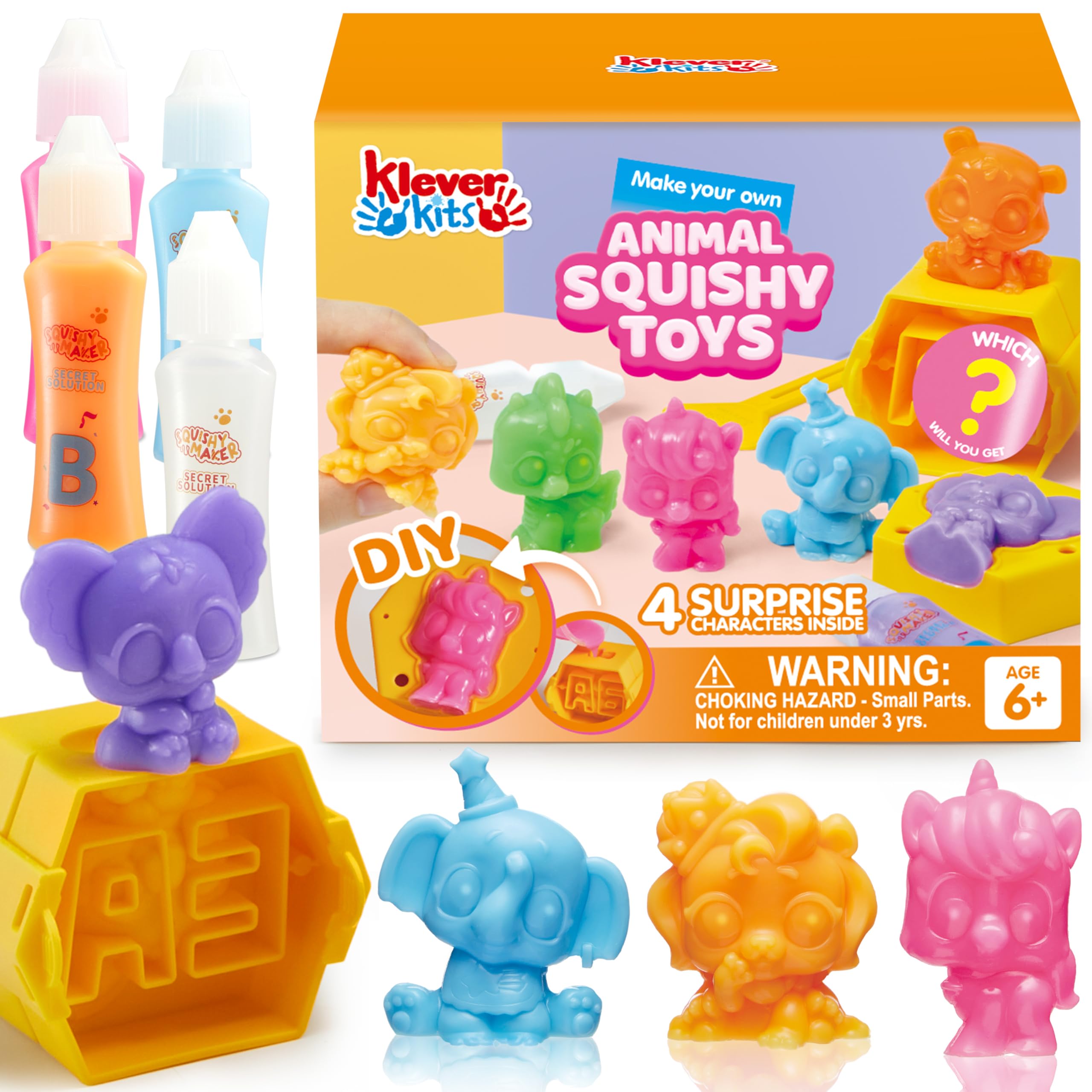 Klever Kits Mystery Box Squishy Animal Kit - 4 Cute Characters, Fun Stress Relief & Sensory Toys for Kids Ages 6+, Creative Arts and Crafts Gift for Birthday Party Favors & Classroom Activities