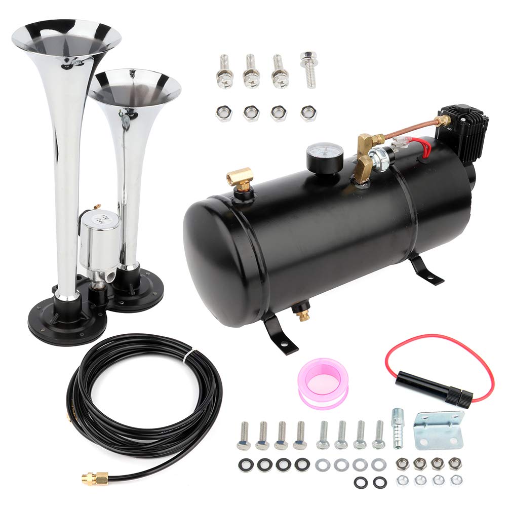 12V Dual Trumpet Electric Train Air Horn Kit with 120PSI Compressor & 0.5 Gallon Tank - Loud Replacement for Trucks, Boats, Cars, Vans - Perfect for Emergency Alerts, Off-Roading & Marine Safety