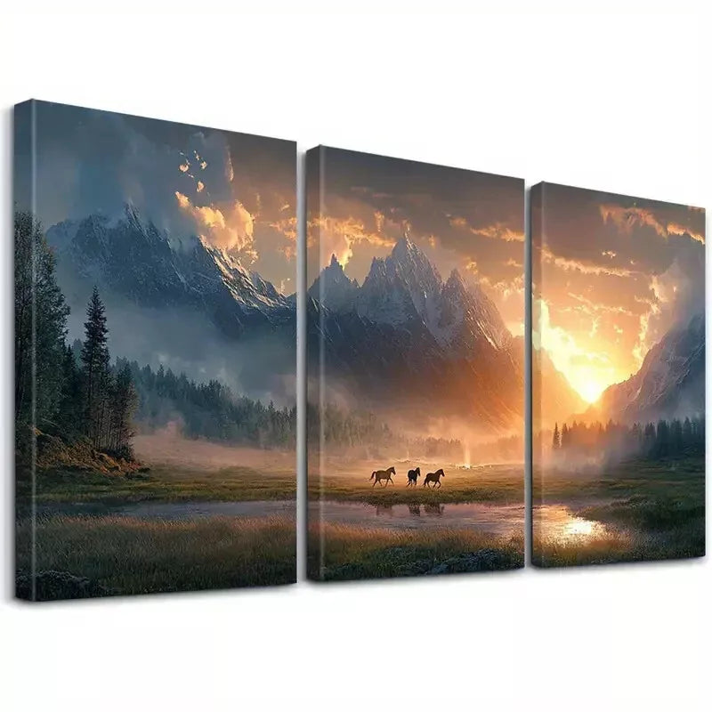 3-Piece Aesthetic Running Horses and Sunset Art Set - Framed Canvas Wall Decor 50x70cm - High Quality Print - 100% Australian Made - Ready to Hang - Perfect for Living Room, Bedroom or Office Decor