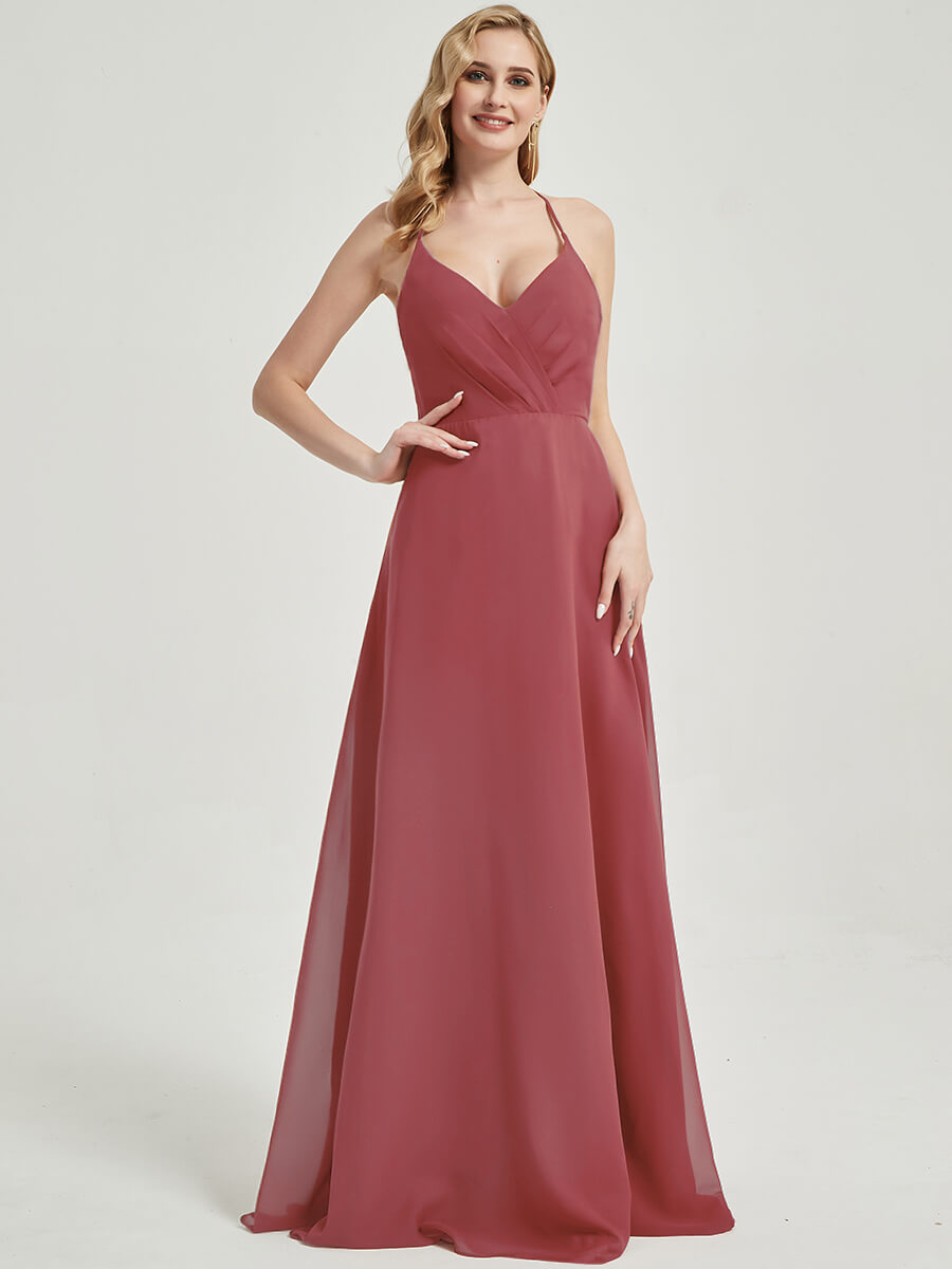 Elegant Pleated Chiffon Bridesmaid Dress - Desert Rose Halter V-Neck Backless Design for Weddings & Formal Events