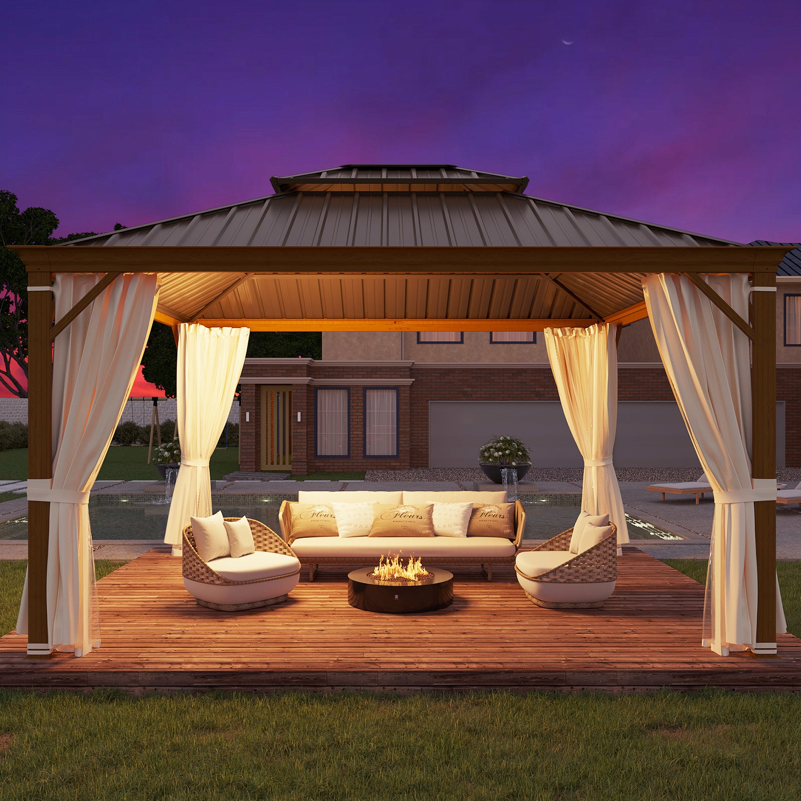 EROMMY 12' x 14' Hardtop Gazebo with Aluminum Frame & Wood Grain Finish - Perfect for Outdoor Patio, Garden, Backyard Parties & Relaxation