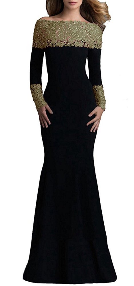 Honeydress Women's Elegant Mermaid Evening Gown with Floral Lace Long Sleeves & Off-Shoulder Design - Perfect for Prom, Wedding Guest, Cocktail Party & Formal Events