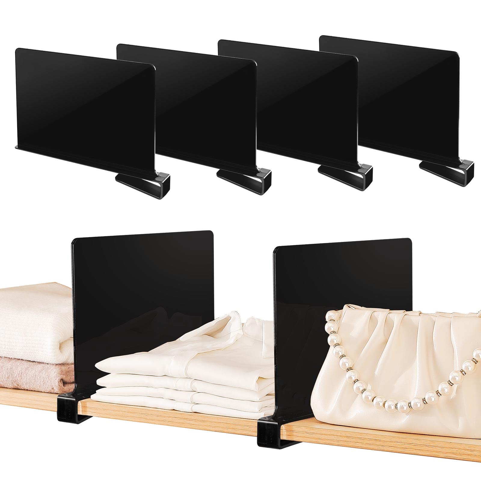 Sclvdi Acrylic Shelf Dividers - 4 Pack Adjustable Black Closet Organizers for Clothing, Handbags & Books - Perfect for Pantry, Bedroom & Kitchen Storage - Wood Shelf Separators to Maximize Space & Organization