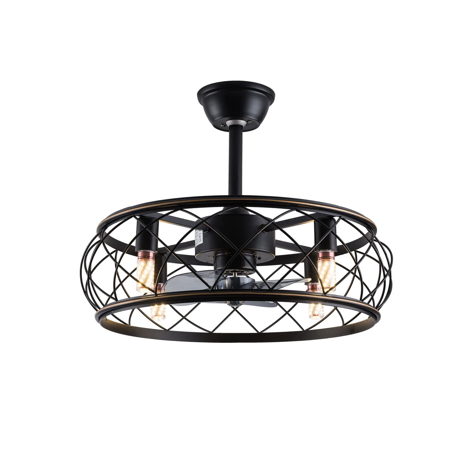 OUKANING 18 Inch Black Caged Ceiling Fan with Light Remote Control - Enclosed Farmhouse Ceiling Fan Lighting Kit, 3 Speed Settings, 4 E27 Bulb Bases, Includes 2 Downrods & Timer - Perfect for Living Room, Bedroom, or Patio