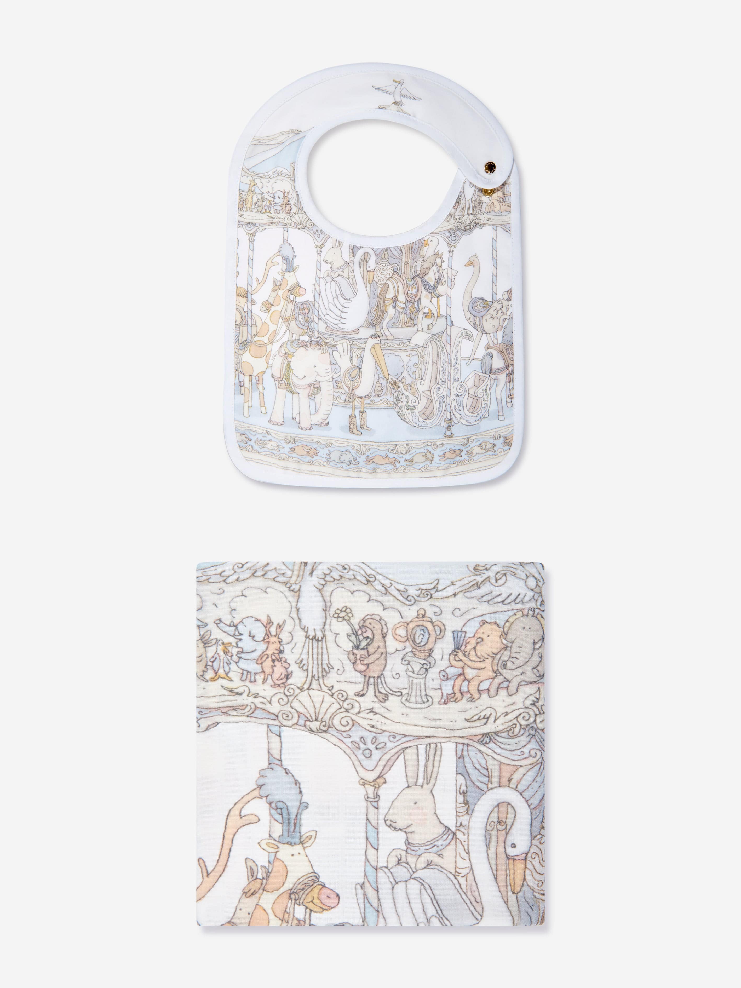 Atelier Choux Baby Boys Carousel Swaddle & Satin Bib Gift Set - Blue | Newborn Essentials for Shower, Baptism & Photo Shoots