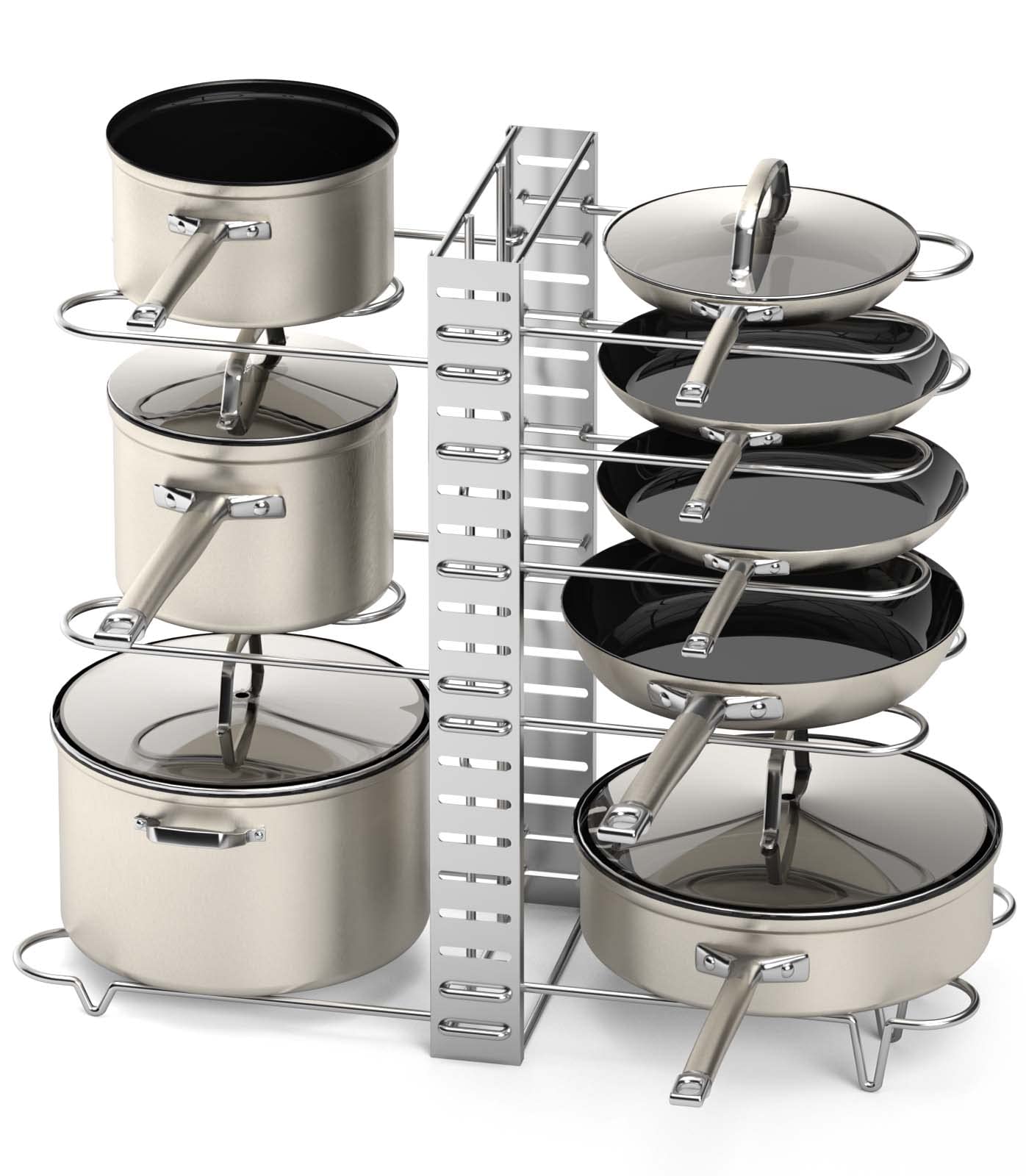 Vdomus Adjustable Pot Rack Organizer - 3 DIY Methods for Kitchen Cabinet Storage, Space-Saving Pan and Lid Holder for 8+ Pots & Pans (Silver) - Perfect for Small Kitchens, Apartment Cooking & Cabinet Organization