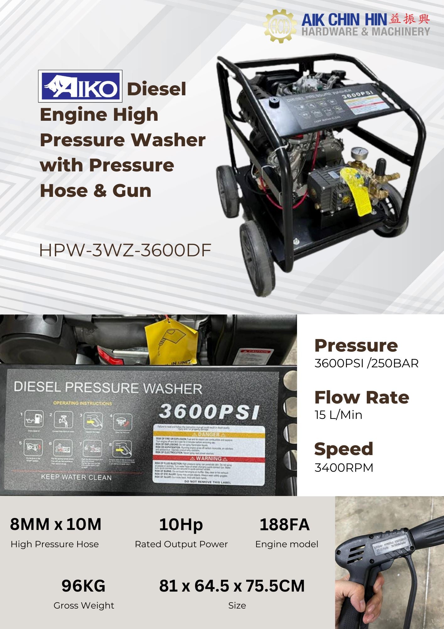 Aiko 10HP 250BAR 188FA Diesel Engine High Pressure Power Washer with 10m Hose & Spray Gun | Model HPW 3WZ 3600DF | Ideal for Industrial Cleaning, Car Wash, and Heavy-Duty Applications