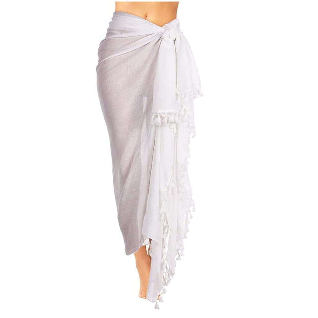 Women's White Beach Cover Up Pareo Wrap - Tassel Maxi Dress for Bikini & Swimsuit - One Size Beachwear for Pool, Vacation & Summer Outings