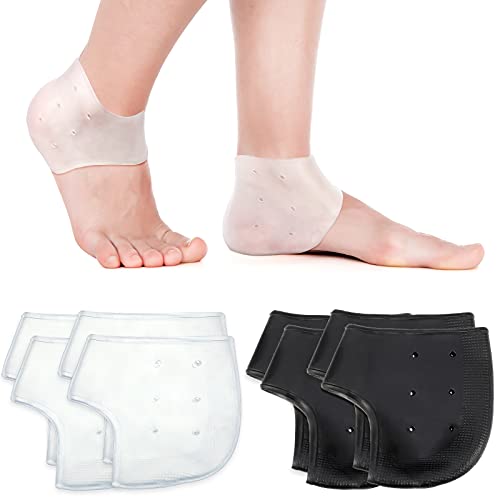 4 Pairs Gel Heel Protectors for Plantar Fasciitis Relief - Breathable Heel Sleeves & Cushion Pads for Cracked Heels, Foot Pain Support - Comfortable Heel Socks for Men & Women (White & Black) - Perfect for Running, Walking & Daily Comfort