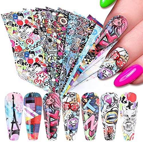 Holographic Graffiti Nail Art Stickers - 10PCS DIY Colorful Cartoon Nail Decals for Women & Girls, Fun Foil Transfer Manicure Supplies - Perfect for Parties, Gifts & Creative Nail Art Designs