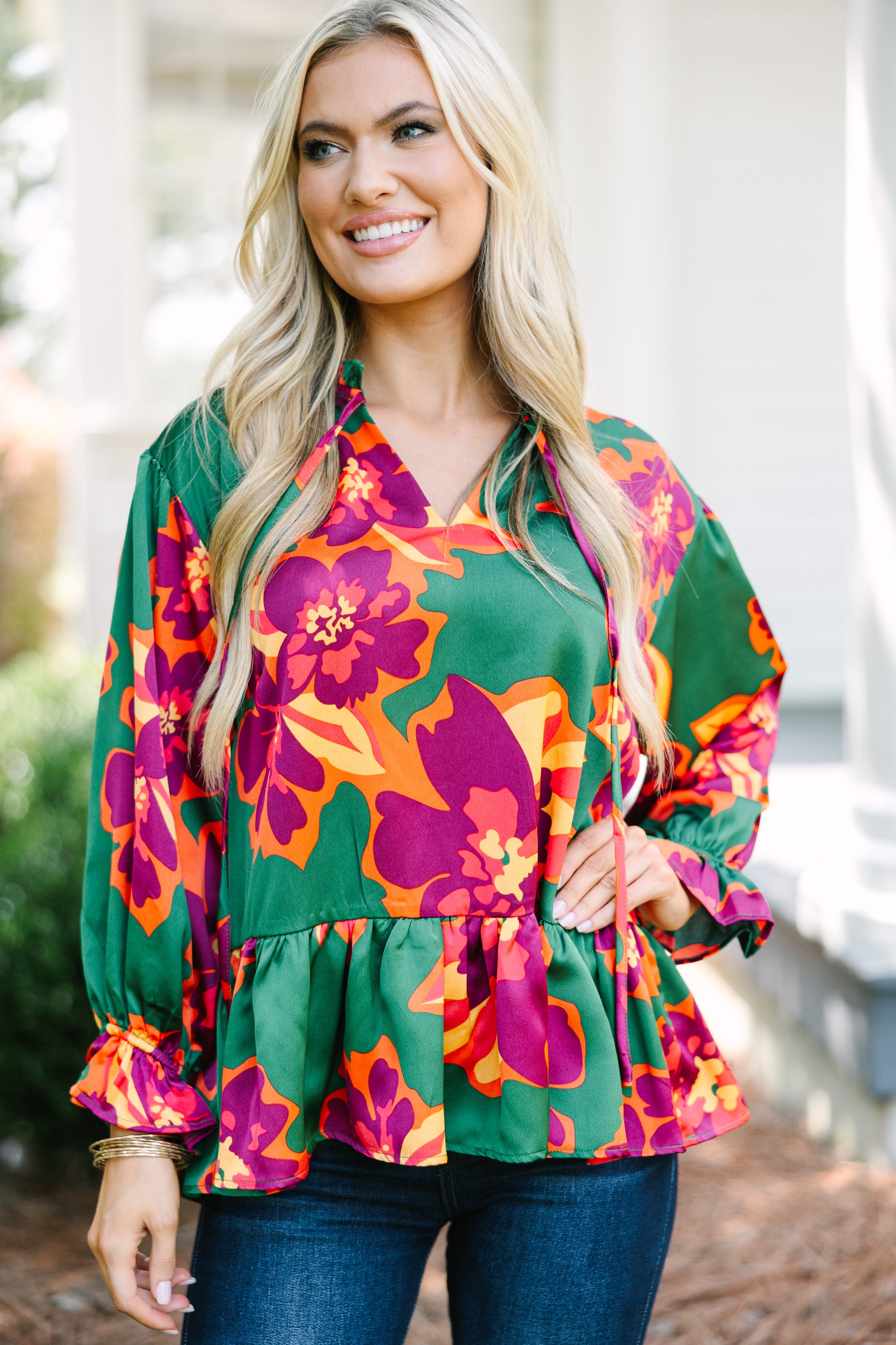 All The Joy Green Floral Blouse - Women's Elegant Spring Summer Tops for Casual Wear, Office & Date Night Outfits