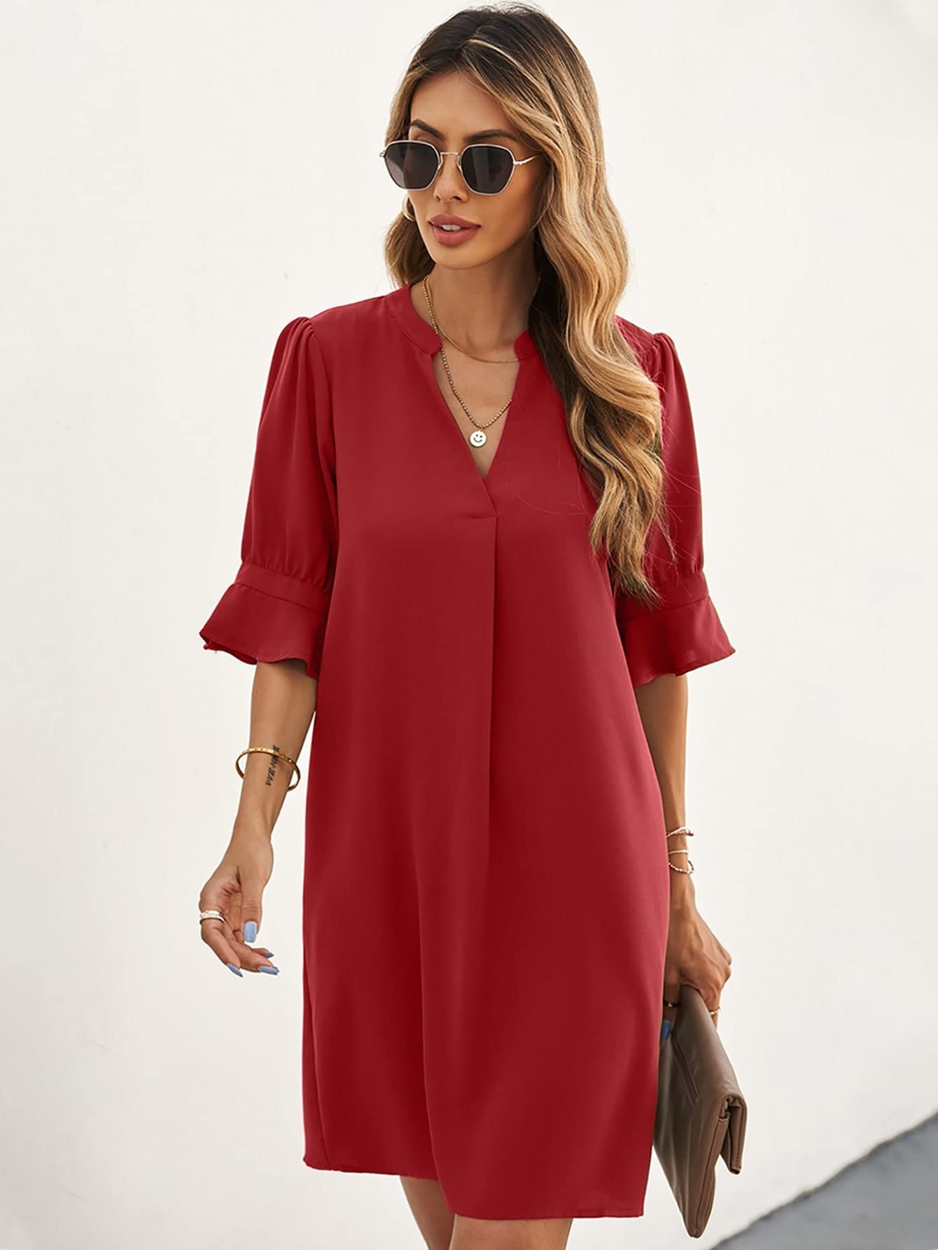 VIYAN Women's Summer Short Dress - Floral Print Notch Neck Flounce Sleeve Tunic Dress for Casual Wear, Beach Vacation & Date Night Outfits