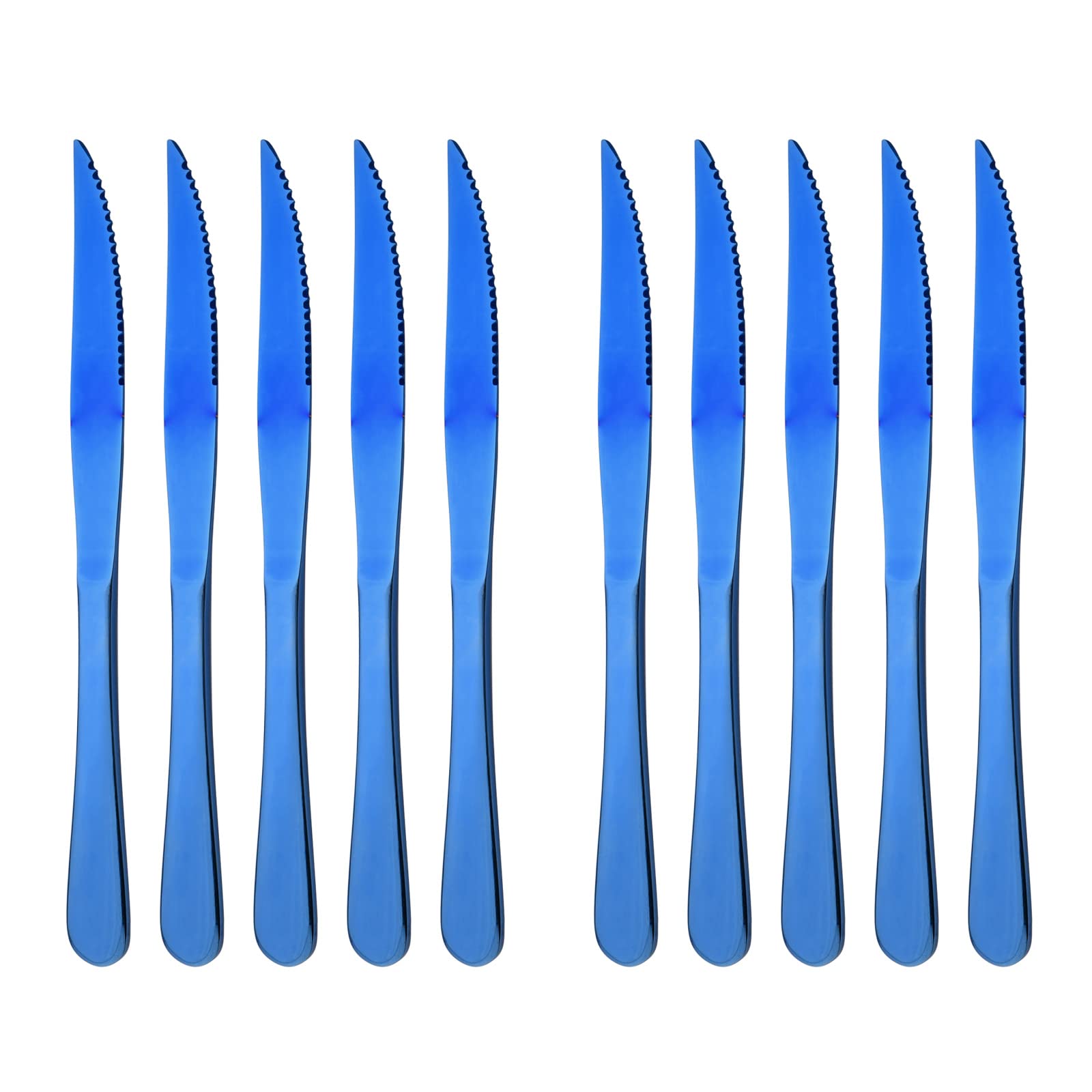 Premium Blue Steak Knives Set of 10 - Mirror Polished Stainless Steel Kitchen Cutlery with Straight & Serrated Edges - Dishwasher Safe Steak & Dessert Knives for Fine Dining, BBQ Parties & Home Entertaining