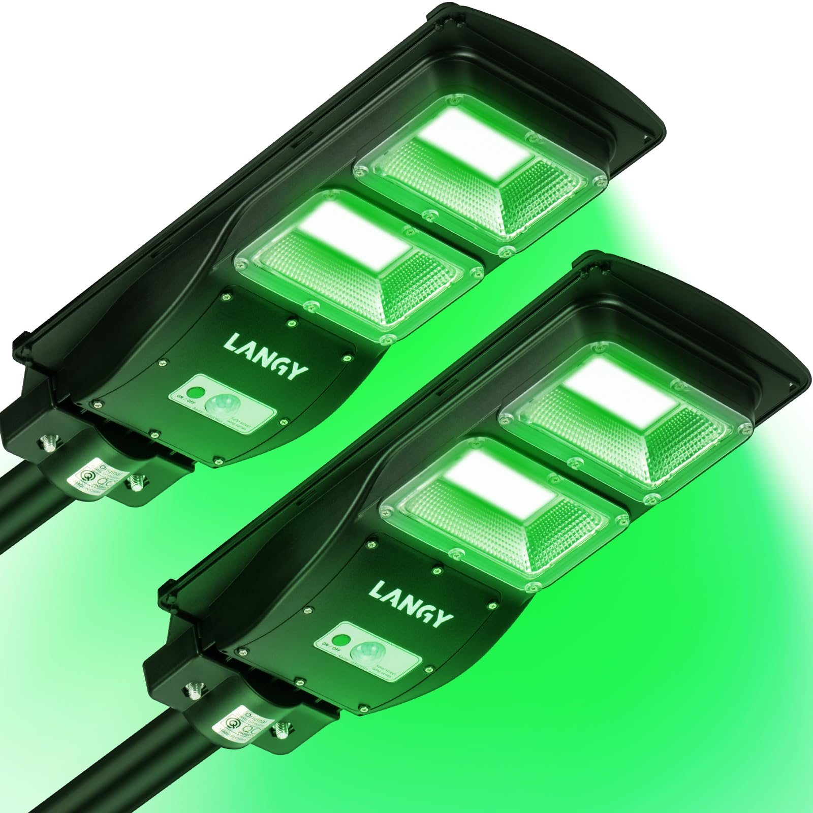 2 Pack LANGY Solar-Powered Green Hunting Lights - 12000LM Motion Activated Hog & Deer Feeder Lights with Remote & 19
