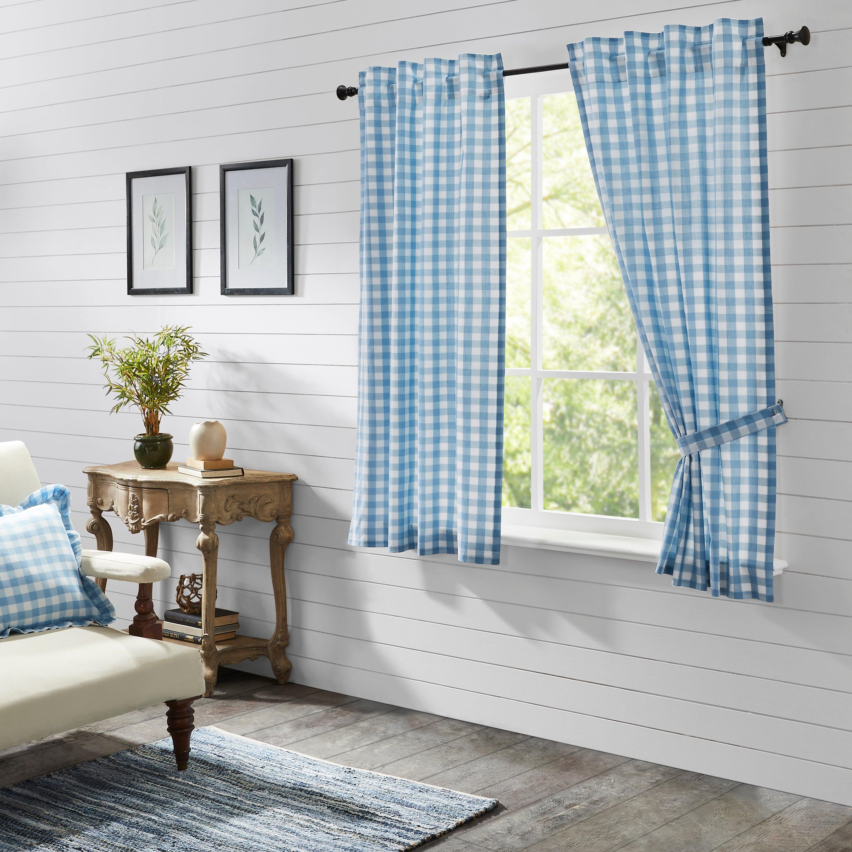 Annie Buffalo Blue Check Short Panel Set of 2 - 63x36 Inch Window Curtains for Kitchen & Bathroom - VHC Brands Home Decor