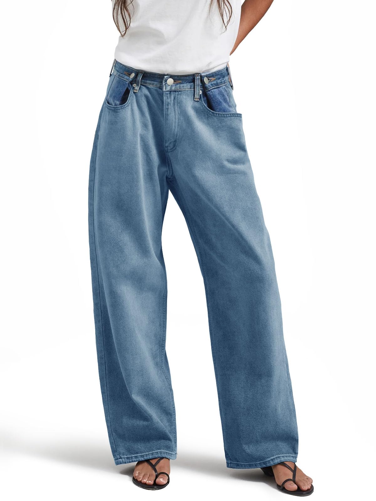 PLNOTME Women's Baggy Boyfriend Jeans - High Waisted Wide Leg Denim Pants with Pockets, Distressed Patchwork Design | Casual Streetwear, Weekend Outfits, Fashion Staple for Women