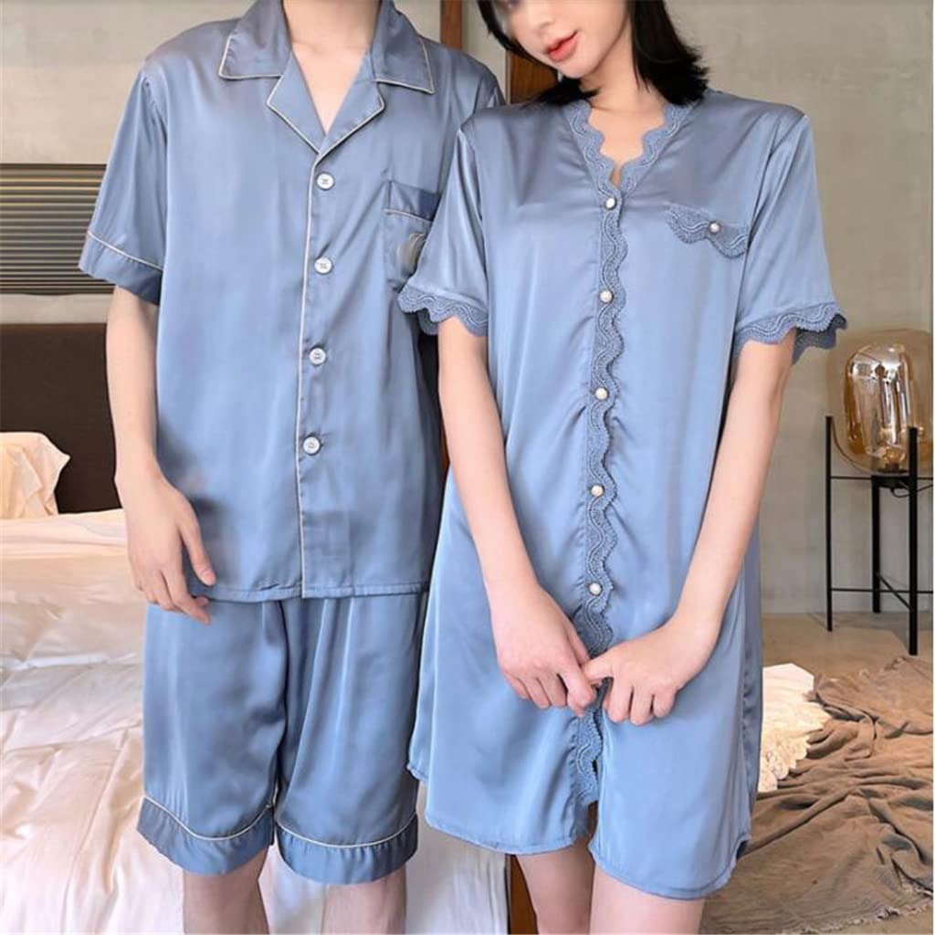 Women's Sexy Mid-Length Nightdress & Men's Ice Silk Pajama Set - Red Couple Sleepwear (Women-XL) | Romantic Date Night & Cozy Home Wear