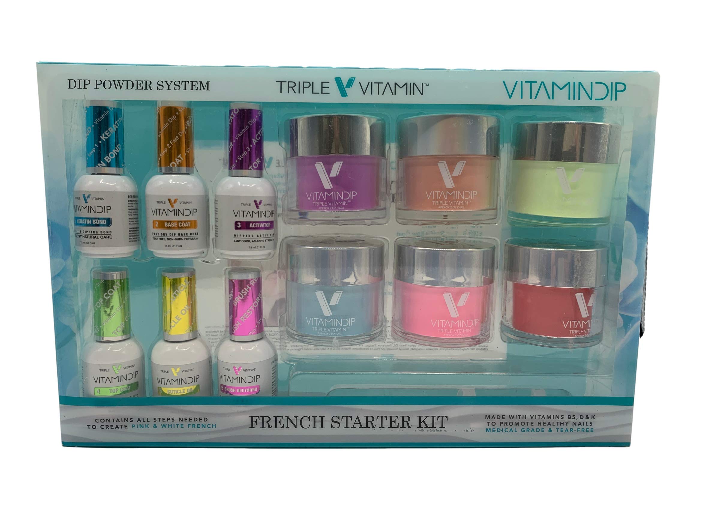 Professional Triple Vitamin Dip Liquid Set - Complete Nail Dipping Kit with Bond Gel, Base Activator, Top Coat, Oil, Brush Restorer, 6 Jars Dipping Powder & 5 Replacement Brushes - Perfect for DIY Home Manicures & Salon-Quality Nails