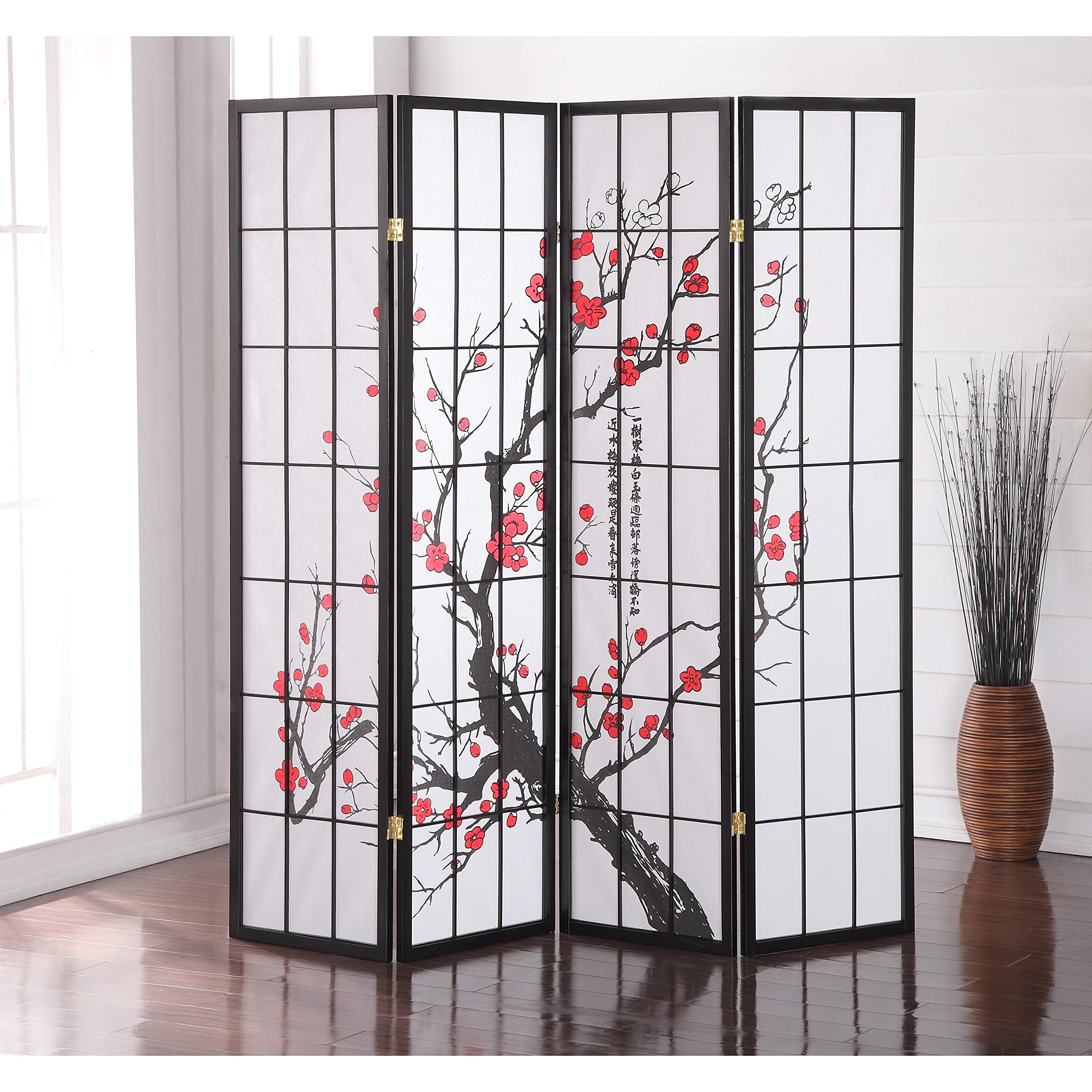 Japanese 4-Panel Folding Room Divider - Plum Blossom Floral Design in Black, Red & White - Handmade Oriental Paper & Wood Screen for Home Decor, Office Partition, and Meditation Space