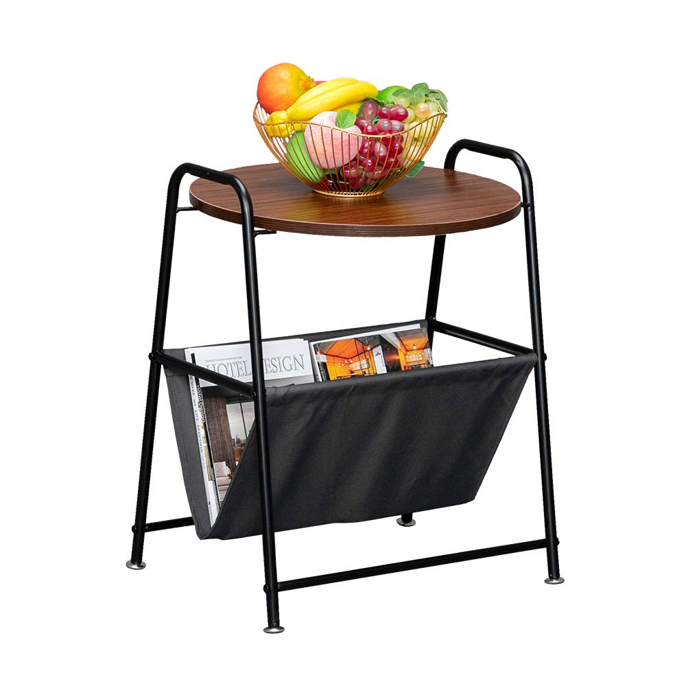Round End Table with Storage Pocket - Industrial Style Side Table & Coffee Sofa Table with Steel Frame for Living Room & Bedroom - Perfect for Small Spaces, Reading Nooks & Coffee Cup Placement