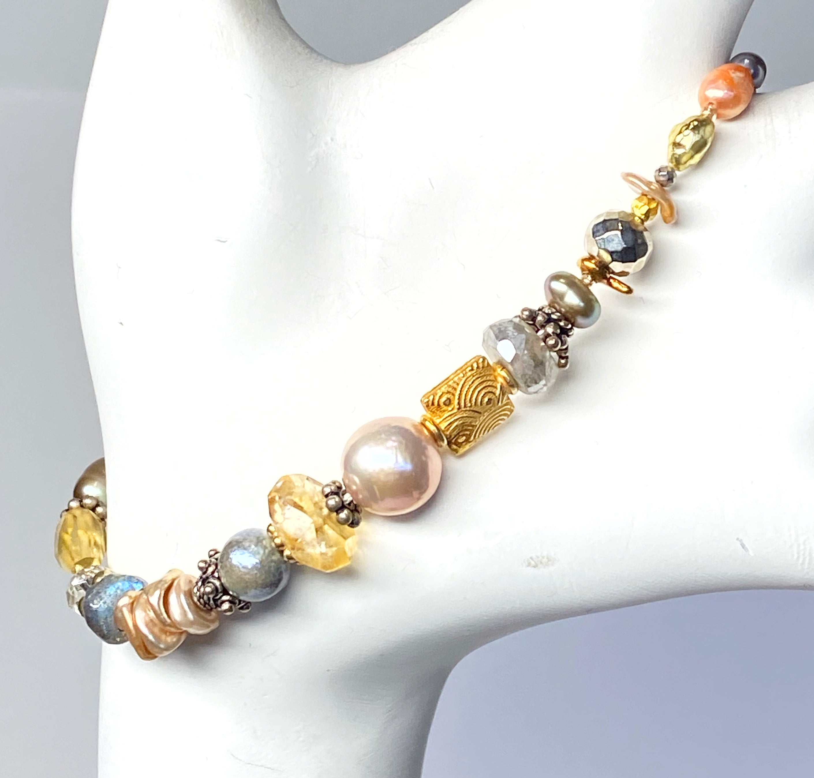 Citrine Pearl Labradorite Bracelet - Gold & Silver Mixed Metals Jewelry for Women - Perfect for Everyday Wear, Gifts & Spiritual Healing